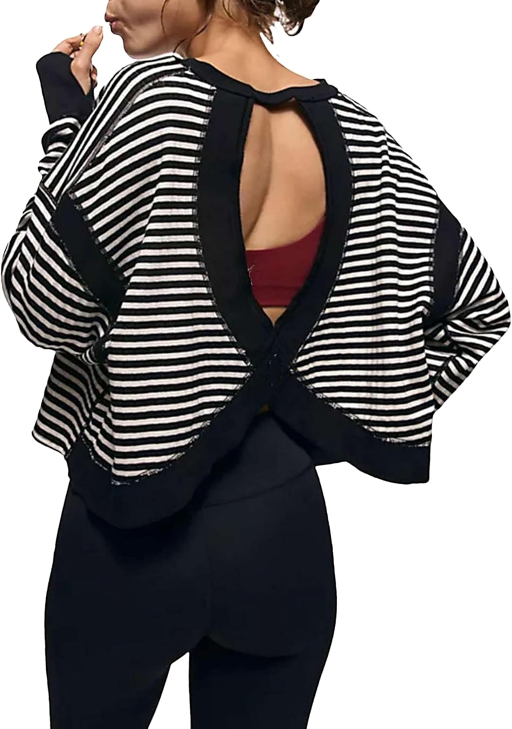 Bozanly Womens Open Back Striped Workout Tops Casual Long Sleeve Y2K Athletic Yoga Loose Shirts