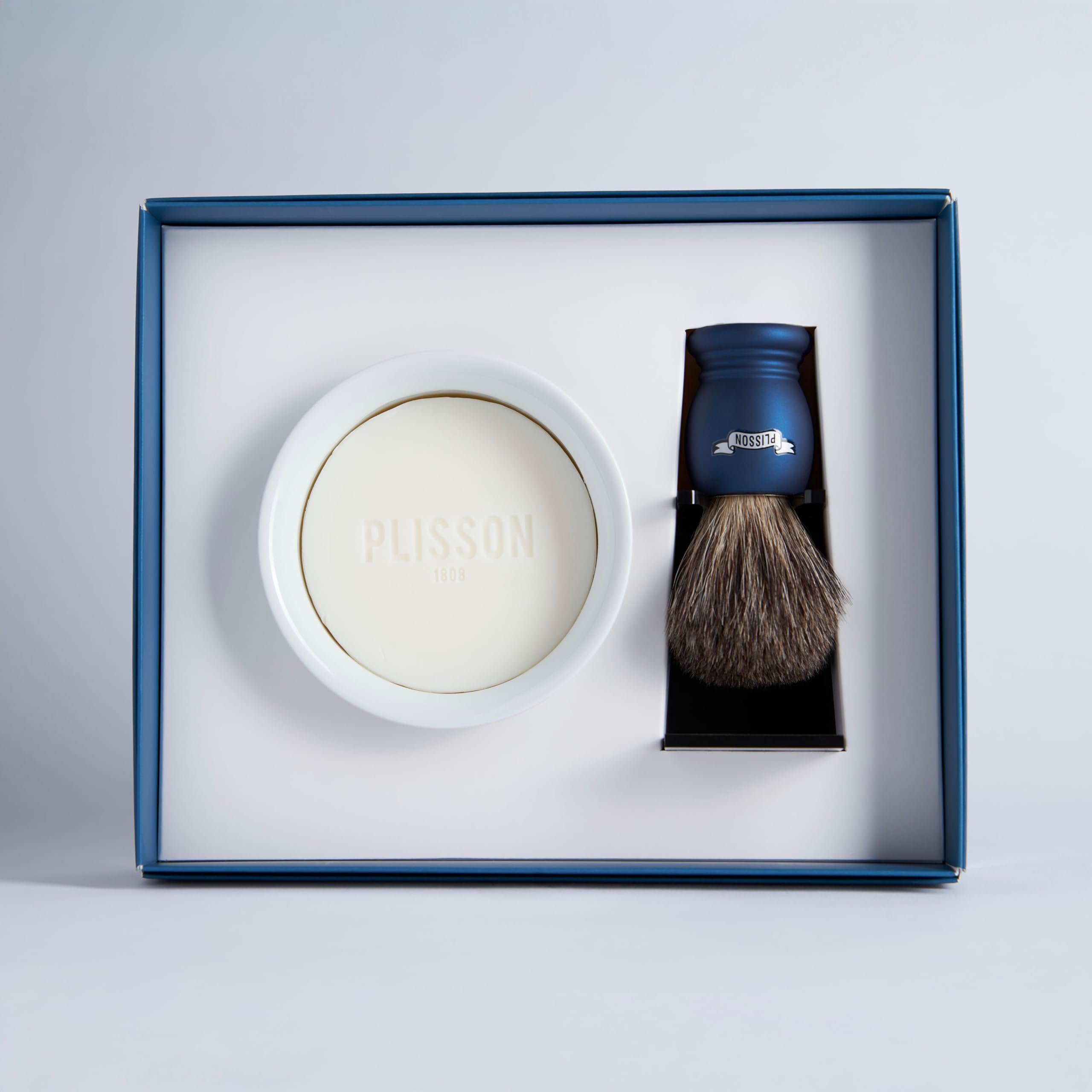 Plisson - Coffret Initiation, Blaireau de Rasage Essentiel Gris de Russie + Support Plexi, Bol en Porcelaine et Savon à Barbe - Manche en Résine - Taille 12 Standard - Fabrication Française
