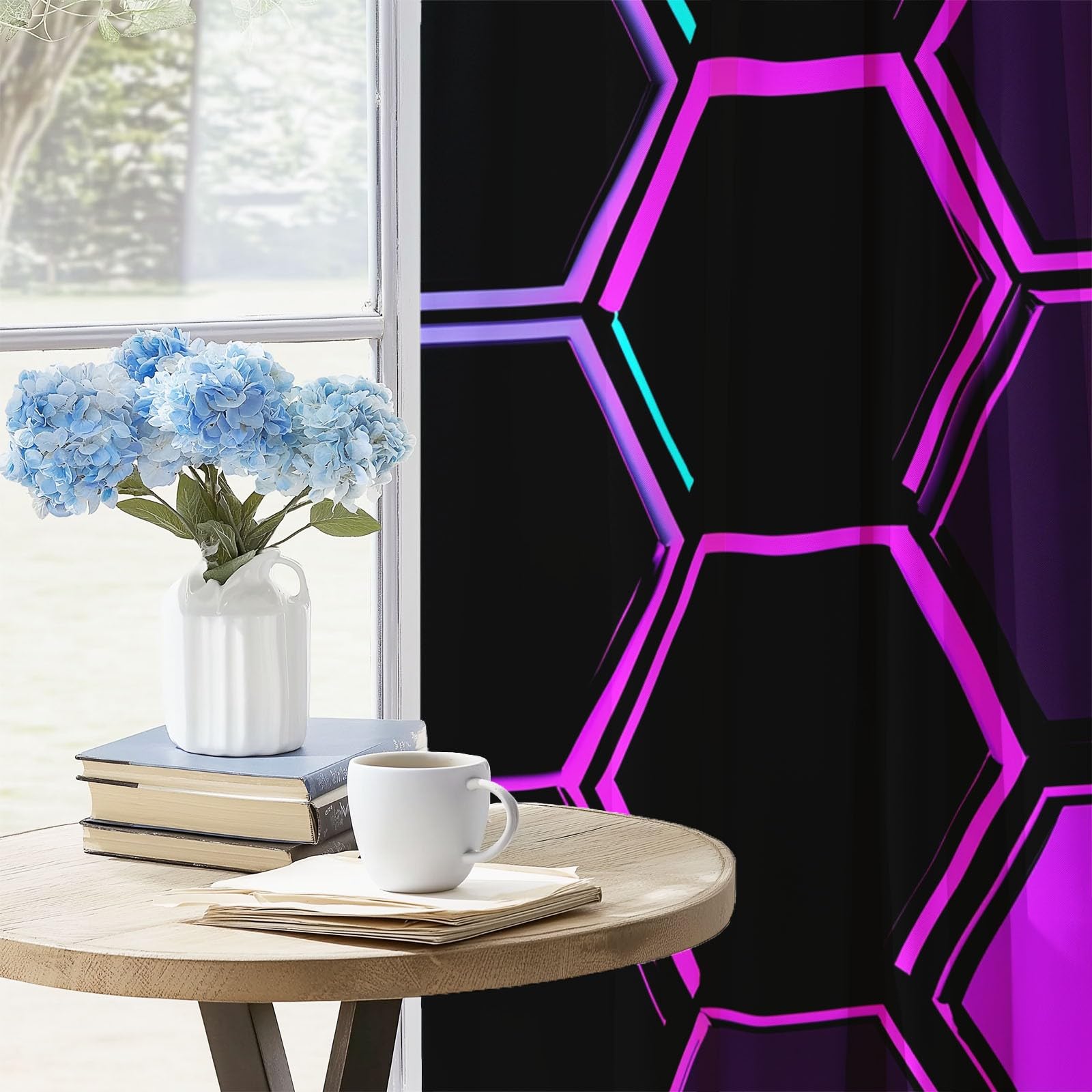 Rideaux Opaques Isolation Thermique 110x215 cm 2 Panneaux Hexagone Géométrique Moderne Noir Violet