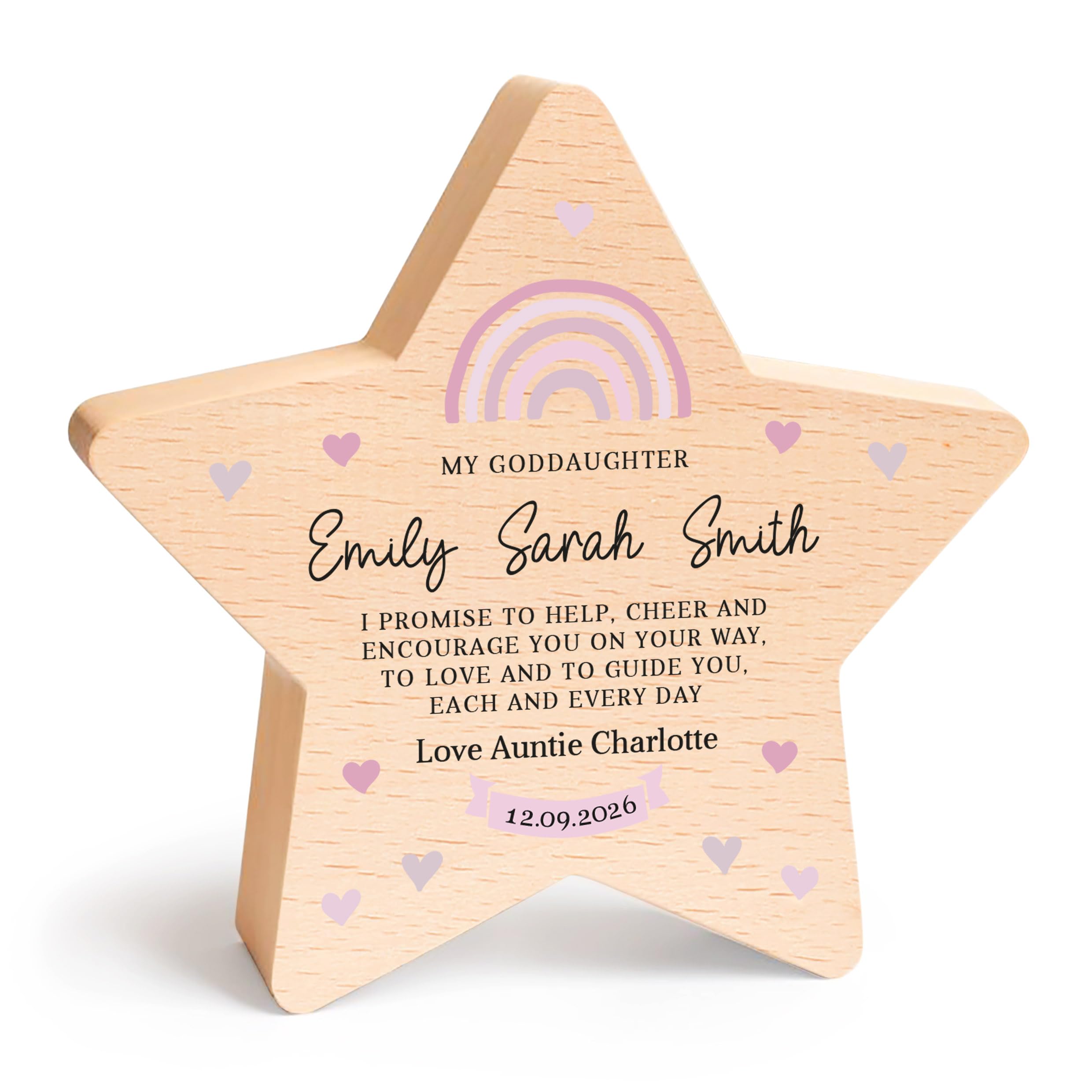 Beecreative Personalised Goddaughter Christening Gifts - Beech Wood Heart Ornament - Christening Day Present For Goddaughter - With Grey Bag