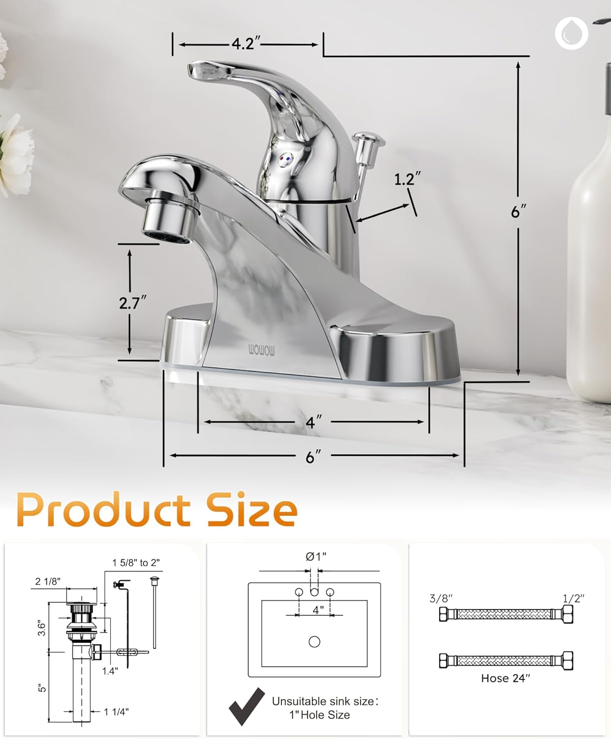 WOWOW Bathroom Faucet 1 Handle Low Arc Single Handle 4 inch Centerset Bathroom Sink Faucet with Lift Rod Drain Assembly Basin Mixer Tap Chrome Vanity Taps