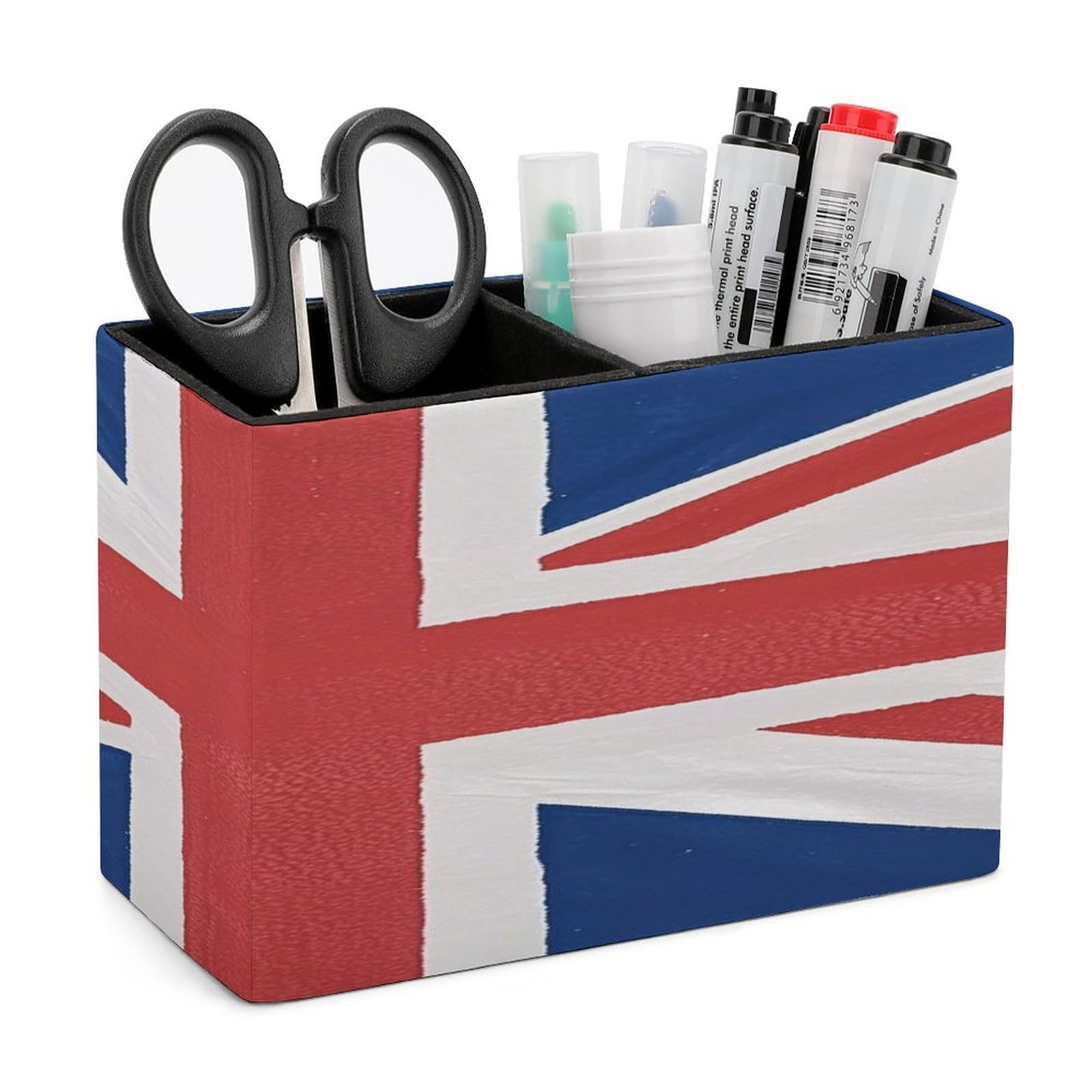 VstaDank British Flag Pencil Holder for Desk(Double Slots) Fashion Leather Pencil Cup Simple Rectangular Shape Pen Holder Multi-Functional Pen Cup for Home Office Supplies Storage