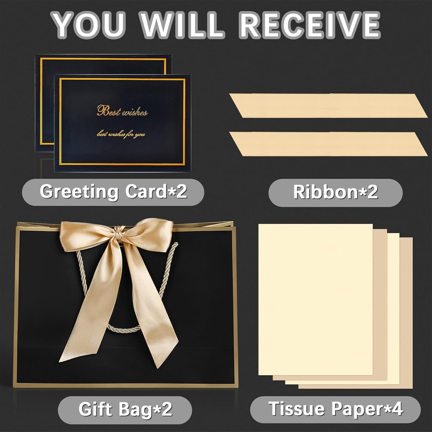 YoungTree 2PCS Medium Gift Bags with Ribbon and 2 Greeting Cards 4 Tissue Papers, Paper Birthday Gift Bags with Handles, Elegant Present Bags for Valentines Day Wedding Party Supplies (Black-Gold) - Image 2