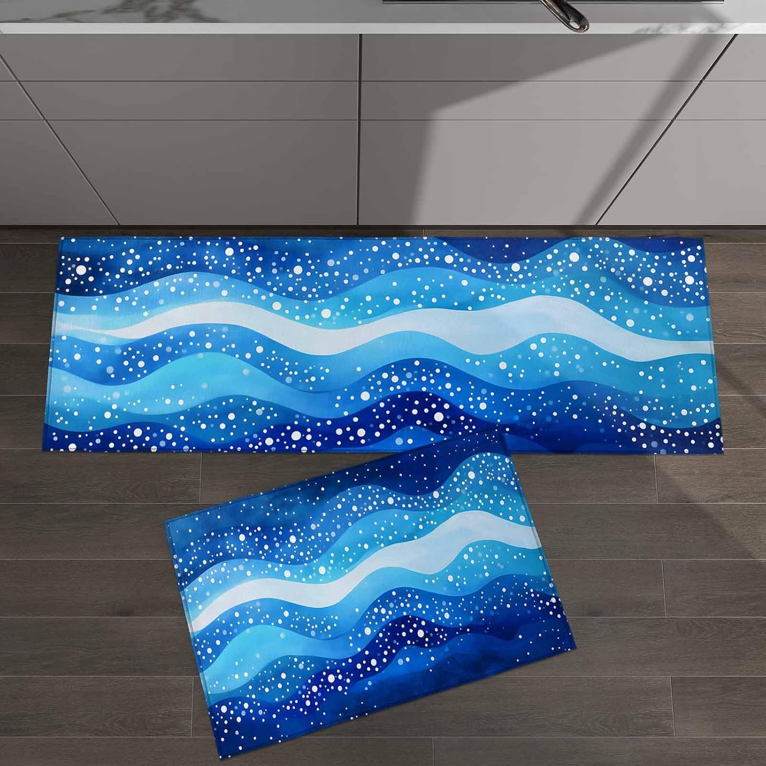 2 Pieces Kitchen Rugs and Mats,Watercolor Blue Ocean Wave Point Area Runner Rug Set Non Slip Floor Doormat Washable Carpet Standing Mat for Kitchen Sink Indoor Corridor,Nautical Coastal Sea Waves