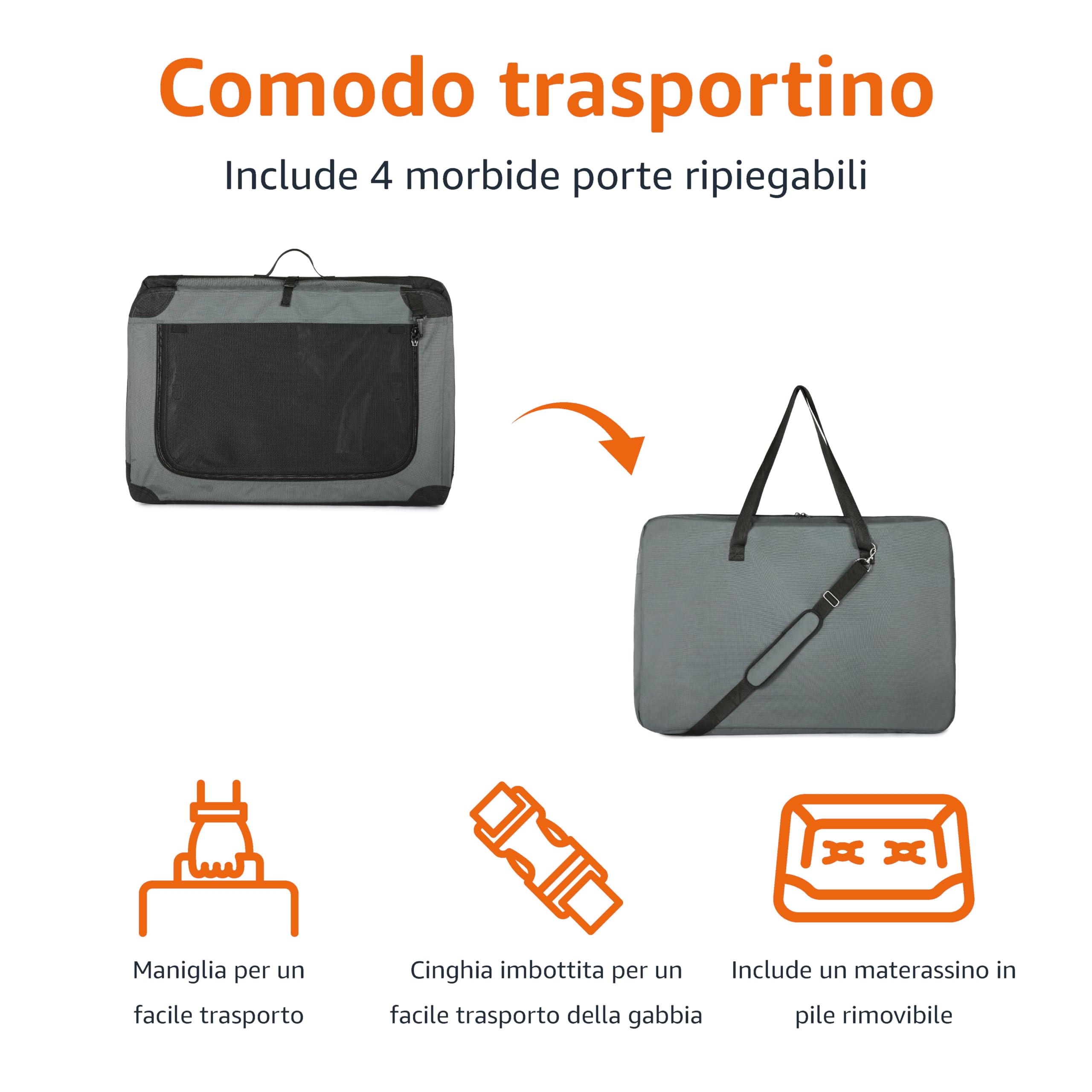 Amazon Basics Trasportino portatile e pieghevole a 4 porte, per cani e gatti, da viaggio, con lati morbidi, Grigio, M 76 cm x 54 cm x 54 cm