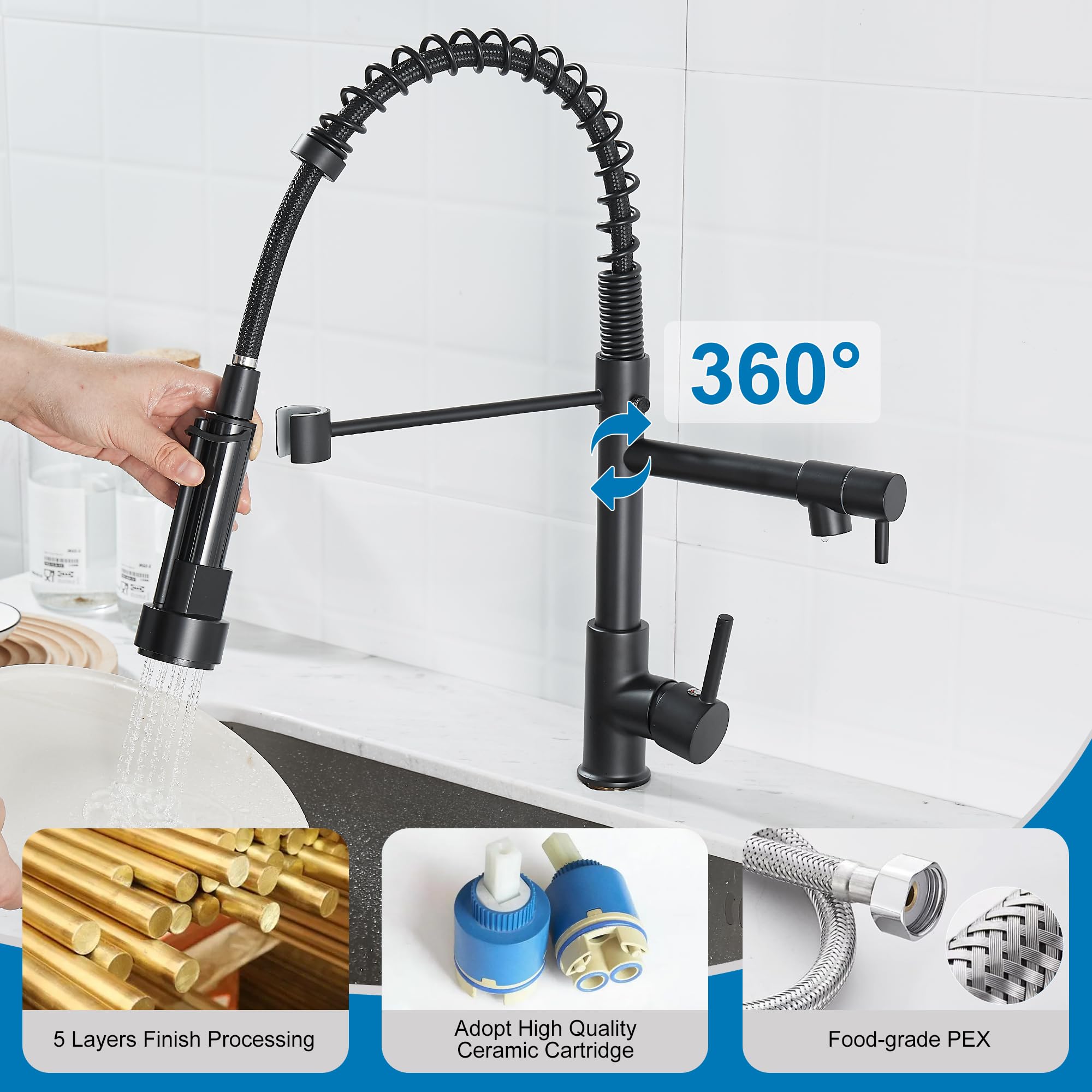 Grifo de cocina con rociador extraíble de arco alto, grifo de cocina de una sola manija con resorte, grifo de fregadero de cocina mate negro