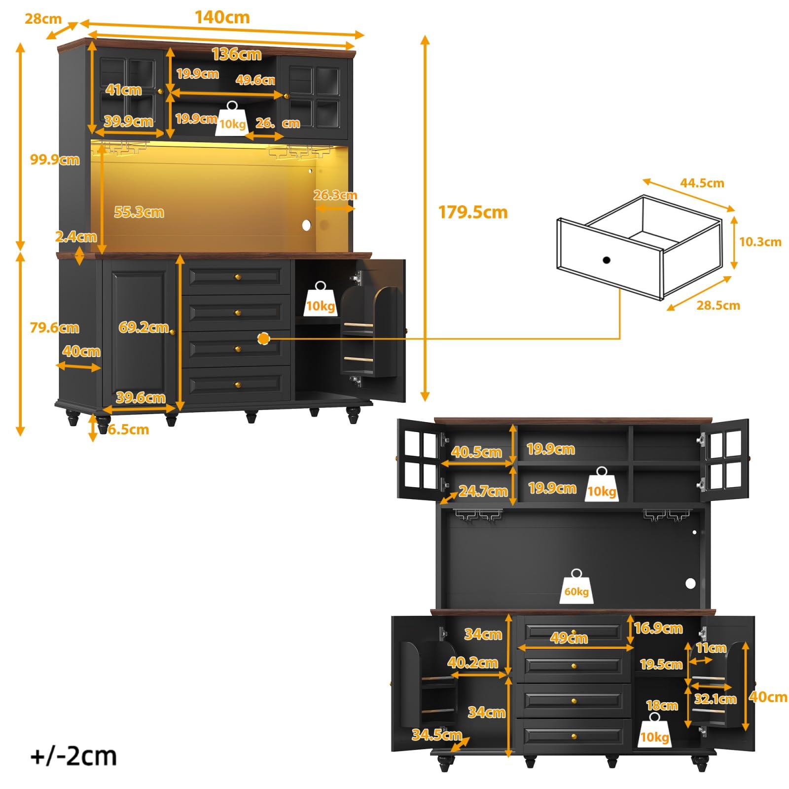 Mobile Cucina con Illuminazione a LED e Piano di Lavoro, Buffet Top Cucina