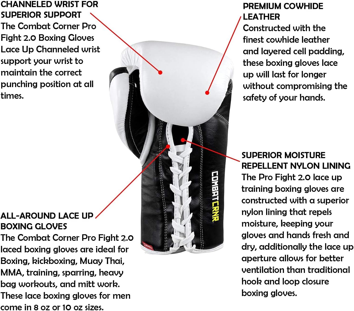 Combat Corner Pro Fight 2.0 Cowhide Leather Lace Up Boxing Gloves for Men and Women - MMA, Kickboxing, Muay Thai Sparring and Training Gloves (8 oz and 10 oz)