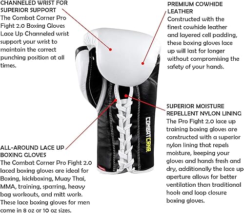 Miniatura 3 de Combat Corner Pro Fight 2.0 - Guantes de boxeo de piel de vaca con cordones para hombres y mujeres, MMA, Kickboxing, Muay Thai Sparring y guantes de