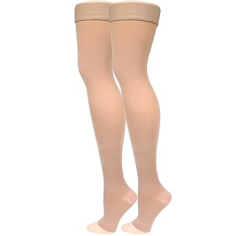 NuVein Medical Compression Stockings, 15-20 mmHg Support, Soft Comfort Microfiber, Thigh Length, Open Toe, Beige, Medium