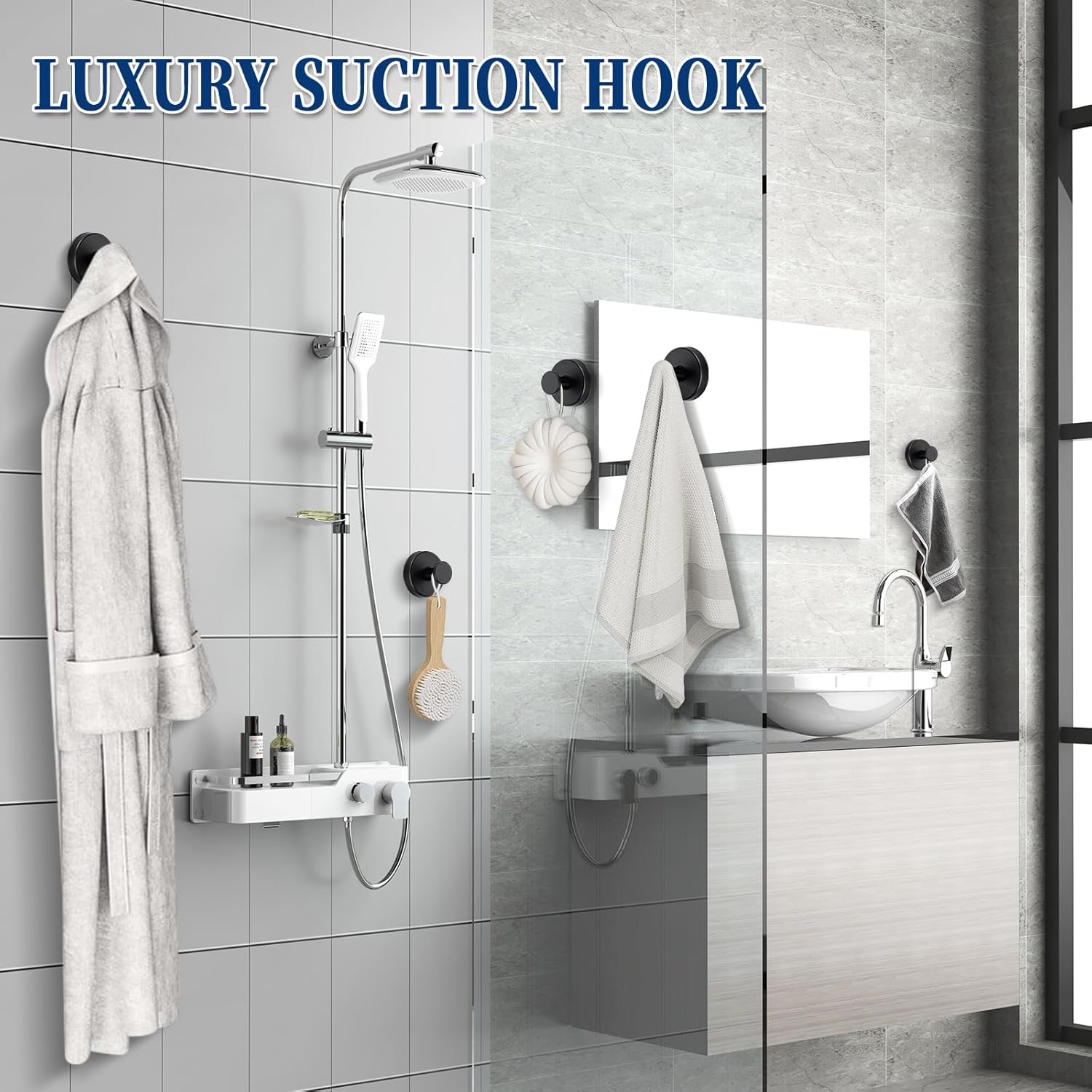Suction Cup Hooks Reusable No Drill Stainless Steel Shower Hooks Towel Hook Robe Hook Heavy Duty on Smooth and Non-Porous Surfaces in Bathrooms Kitchen Bedroom (4, Matte Black)