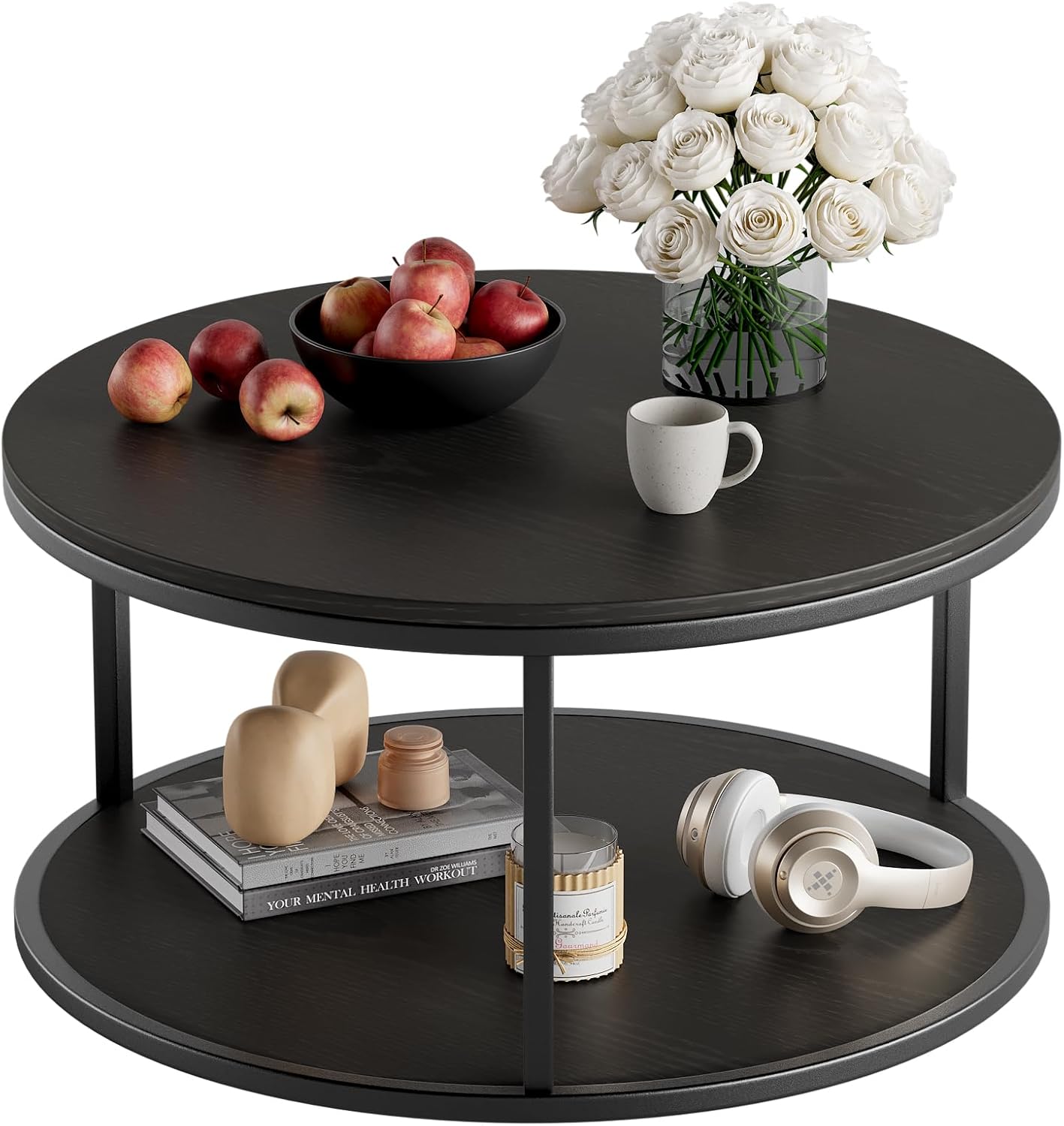 YESHOMY 36“ Wood Round Coffee Table, Coffee Tables for Living Room, Metal & Wood Round Table, Small Space Solution for Living Room Furniture, Black