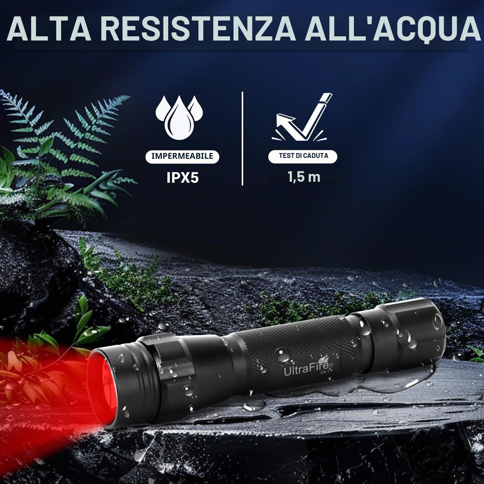 ULTRAFIRE Torcia a LED a luce rossa, 620-630 nm, luce rossa da caccia con fondina, torcia LED rossa a modalità singola per visione notturna, astrofotografia, pesca, CR1