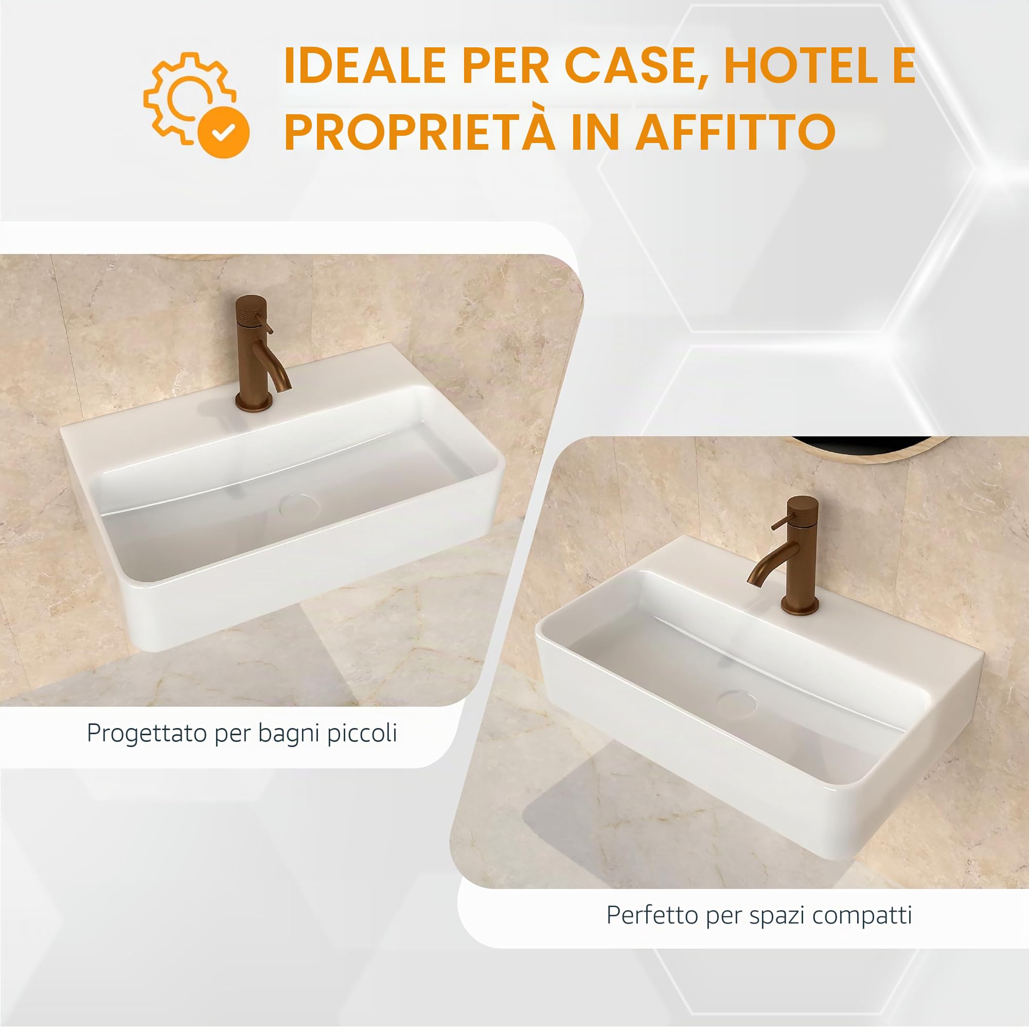 HOGART Lavabo Bagno Piccolo in Ceramica Bianco 45x28,5 cm – Lavandino Compatto Salvaspazio Rettangolare, Lavabo Sospeso o da Appoggio, Foro Rubinetto Senza Troppopieno, per WC Ospiti e Bagni Moderni