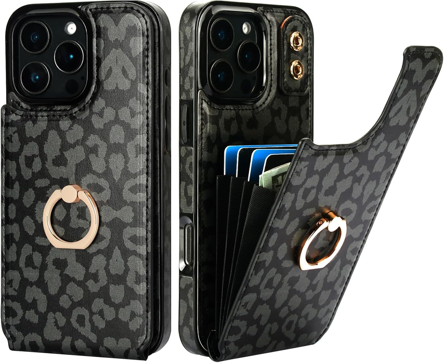 HAOPINSH for iPhone 16 Pro Max Wallet Case with Card Holder, 360°Rotation Ring Kickstand, White Leopard Pattern, RFID Blocking Leather for Girls Women, Double Buttons Protective Cover 6.9"