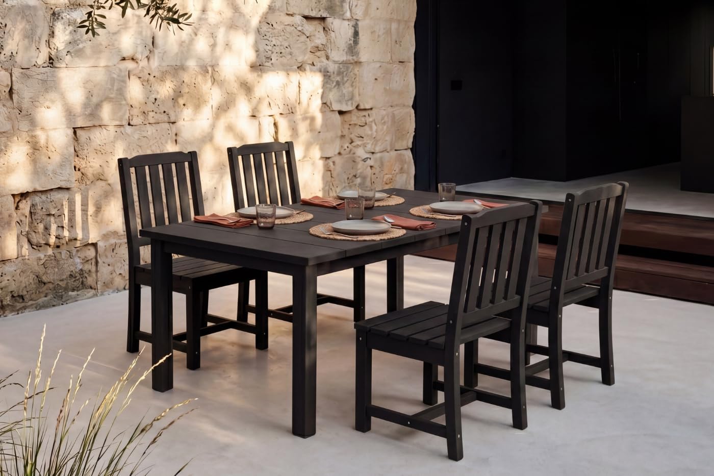Perli™ 5-Piece Outdoor Dining Set, All-Weather HDPE Patio Furniture with 4 Armless Chairs and Rectangular Table, UV-Resistant 4-Person Set for Deck, Backyard, Black