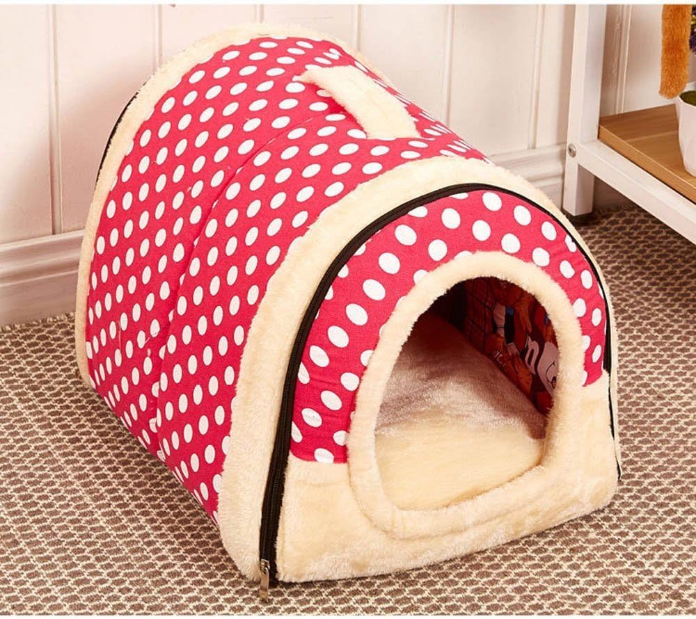 Multifuctional Warm Fleece Soft Removable Dog House Nest with Mat Foldable Pet Dog Cat Bed House for Small Medium and Large Dogs (L, Polka Dotted Red)