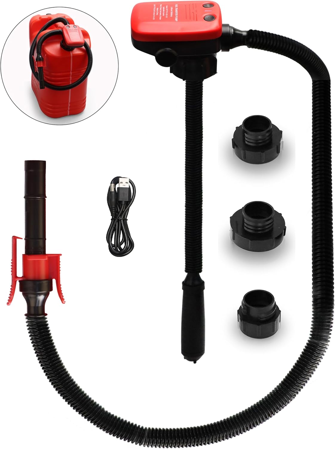 Rechargeable Gas Can Pump - Electric Fuel Transfer Pump with Auto Shut Off Nozzle, Fix Clip, Extra Long Hose, 3 Adapters, Gas Pump Ideal For Gasoline, Diesel, Kerosene Transfer