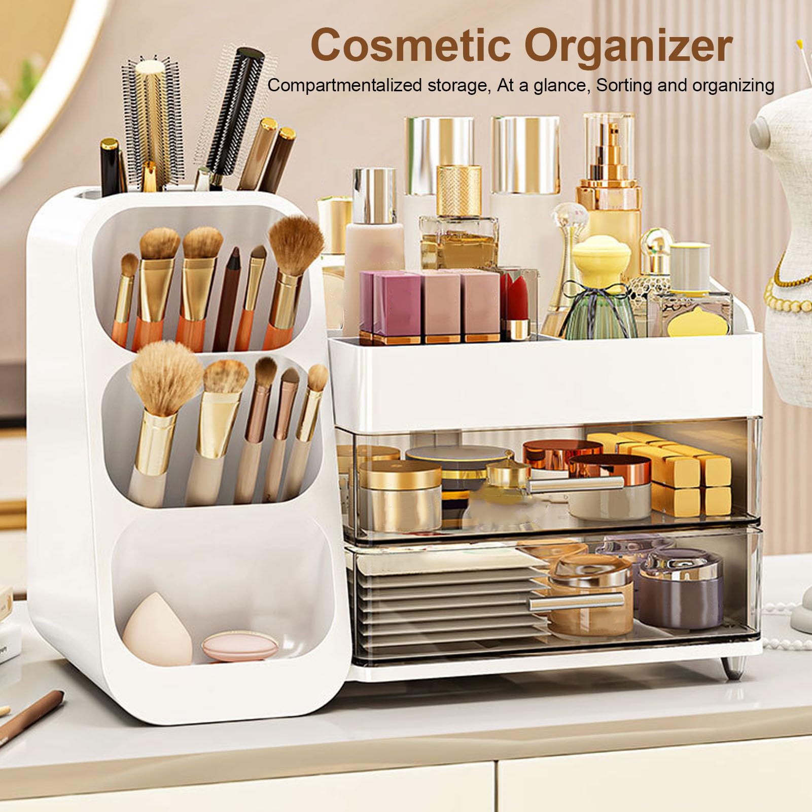 Organizador de Maquillaje, Vitrina de Cosméticos Multicapa de Gran Capacidad con Compartimentos Transparentes para Lápices Labiales, Herramientas para el Cuidado de la Piel