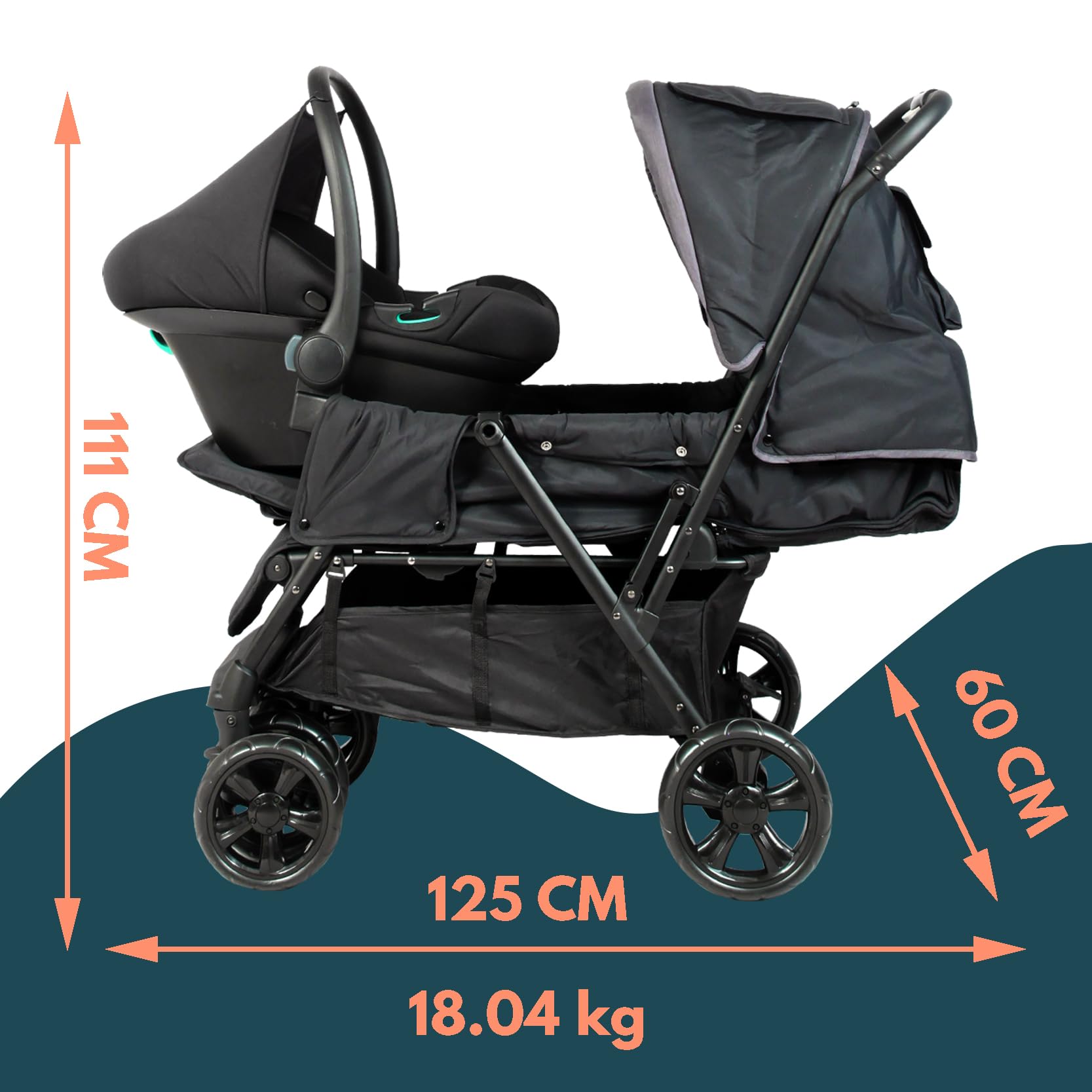 Passeggino gemellare doppio - BAMBISOL - Passeggino doppio combinato + Seggiolino auto I-size - 4 ruote - Nero