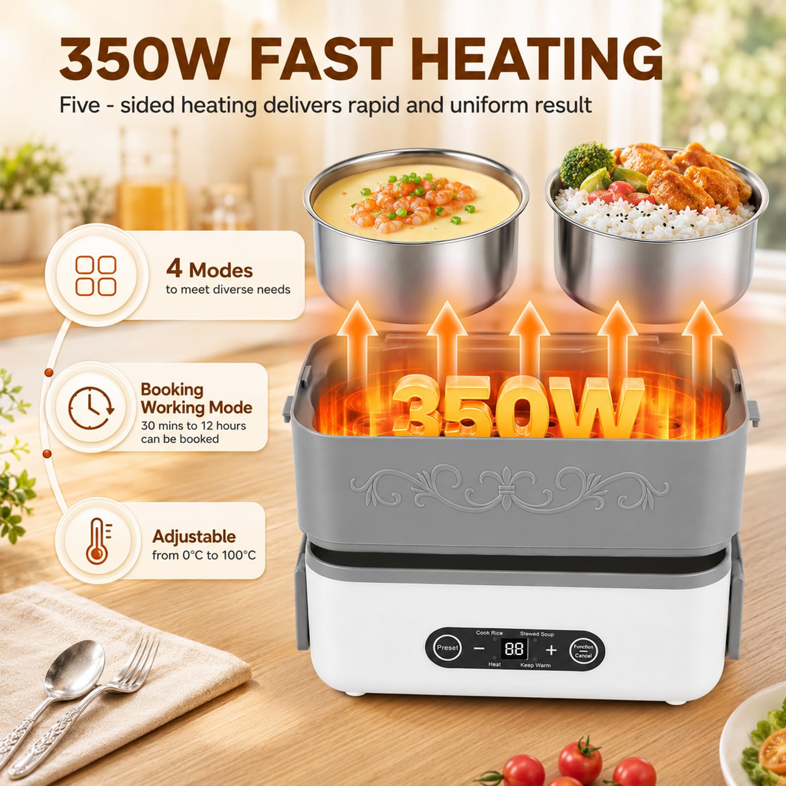 Contenitore per il pranzo elettrico per adulti, portatile, senza fili, riscaldato da 2,4 l, contenitore interno rimovibile in acciaio inox, display digitale, per ufficio, viaggi, cantieri, scuola