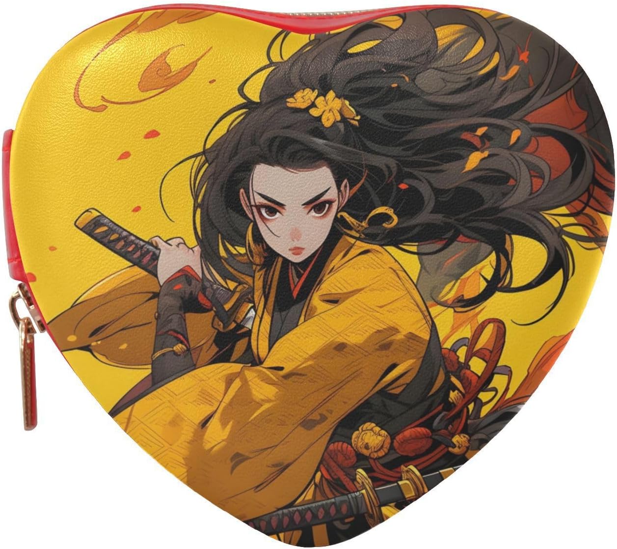 Samurai Wolf Anime Small Travel Jewelry Case – PU Leather, Red, 4.0x3.7x1.9in, Heart-Shaped Portable Jewelry Storage Box for Necklace Rings Earrings