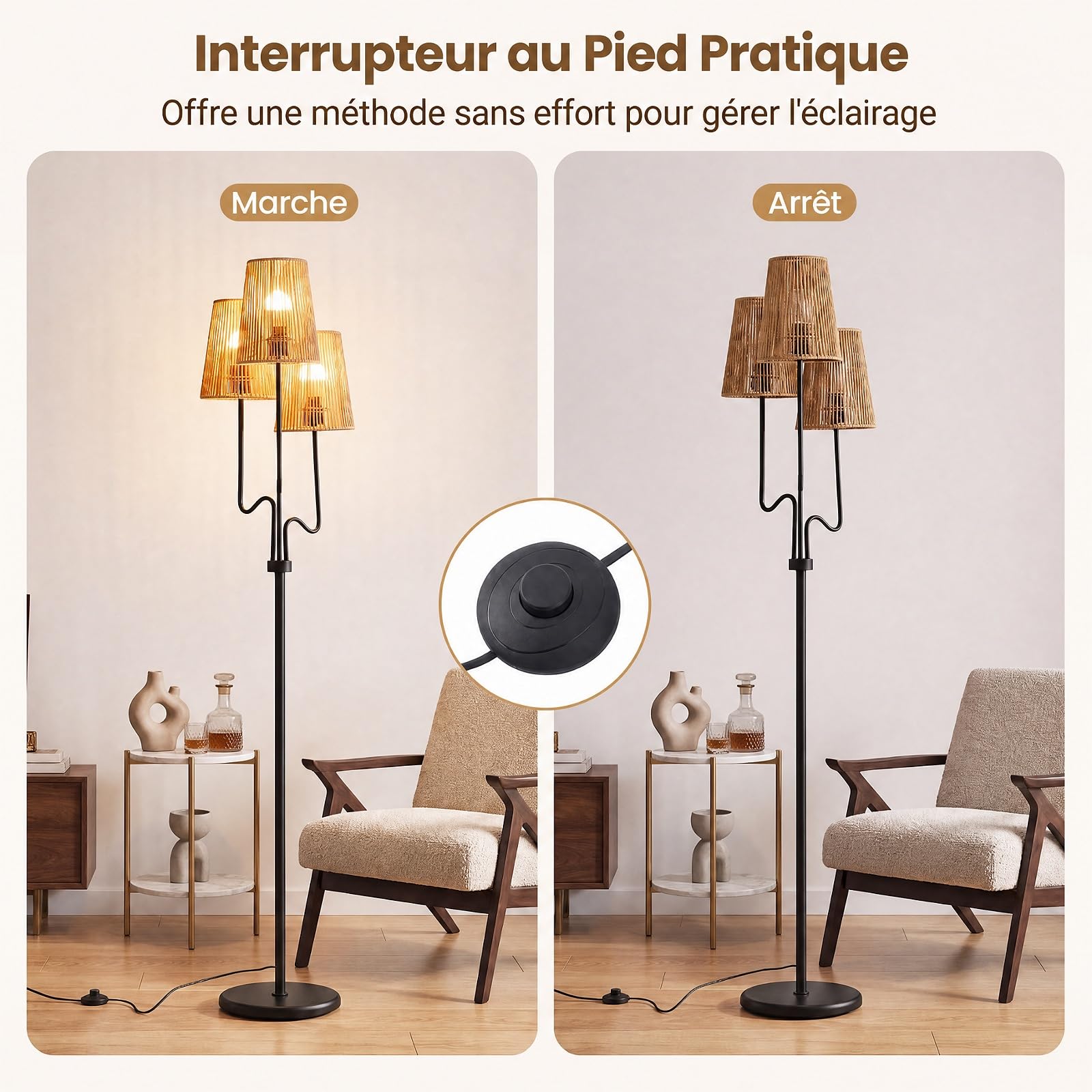 RELAX4LIFE Lampadaire sur Pied à 3 Lampes 175 CM avec Abat-Jours Tressés