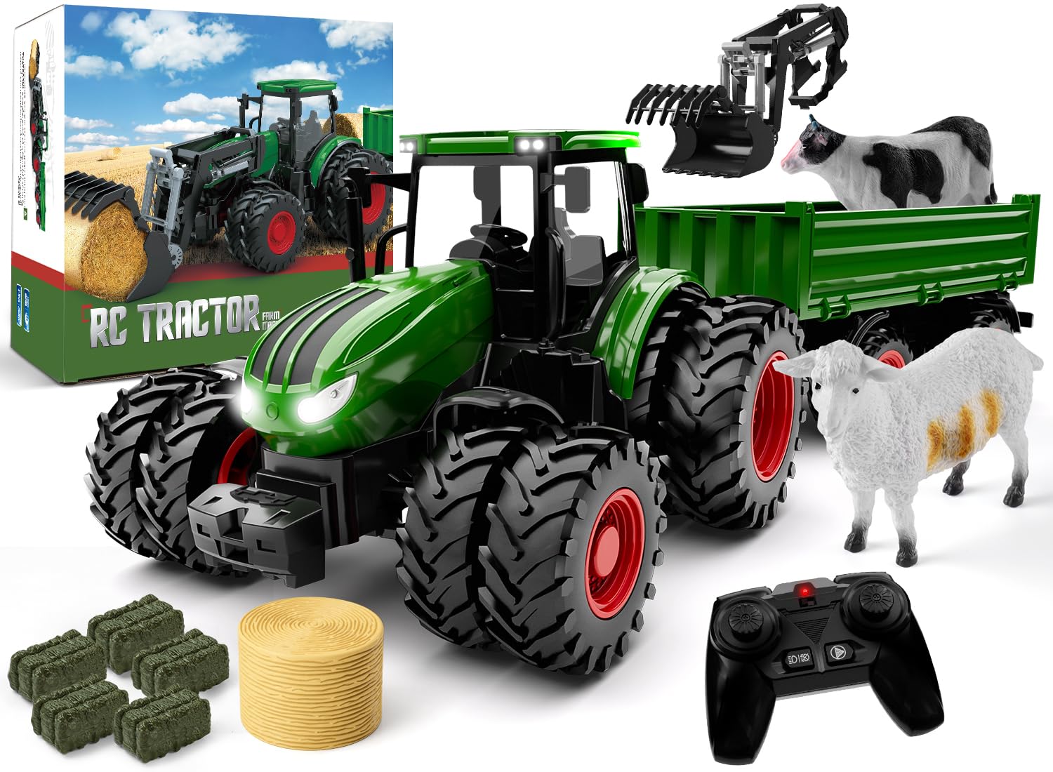 Uarzt Remote Control Tractor Toy, Kids RC Tractor Set & Truck and Trailer Front Loader - Metal Car Head/8 Wheel/Light, Toddlers Farm Vehicle Toys for 3 4 5 6 7 8 9 Year Old Boys Girls Birthday Gift