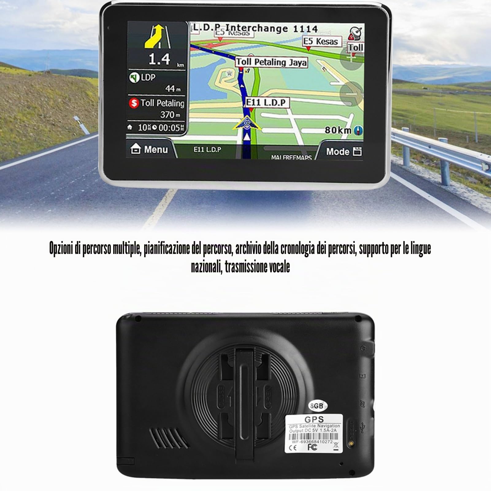 Navigatore GPS universale per auto da 5 pollici Ultima mappa 2023 Schermo capacitivo Trasmissione vocale per auto bicicletta autobus camion Design portatile Supporto FM con jack per cuffie
