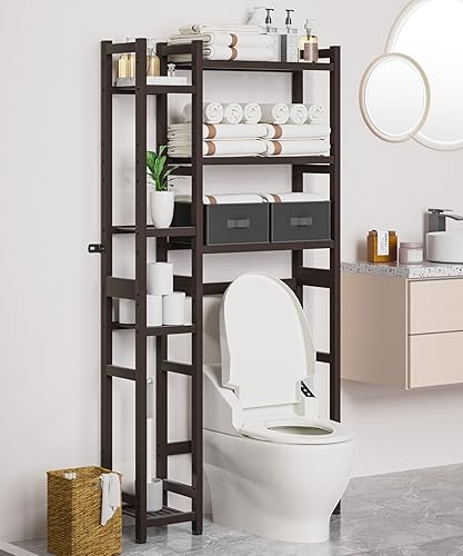 Vista 9 de Homde Over The Toilet Storage with Basket and Drawer, Bamboo Bathroom Organizer with Adjustable Shelf & Waterproof Feet Pad, Space Saver Rack for