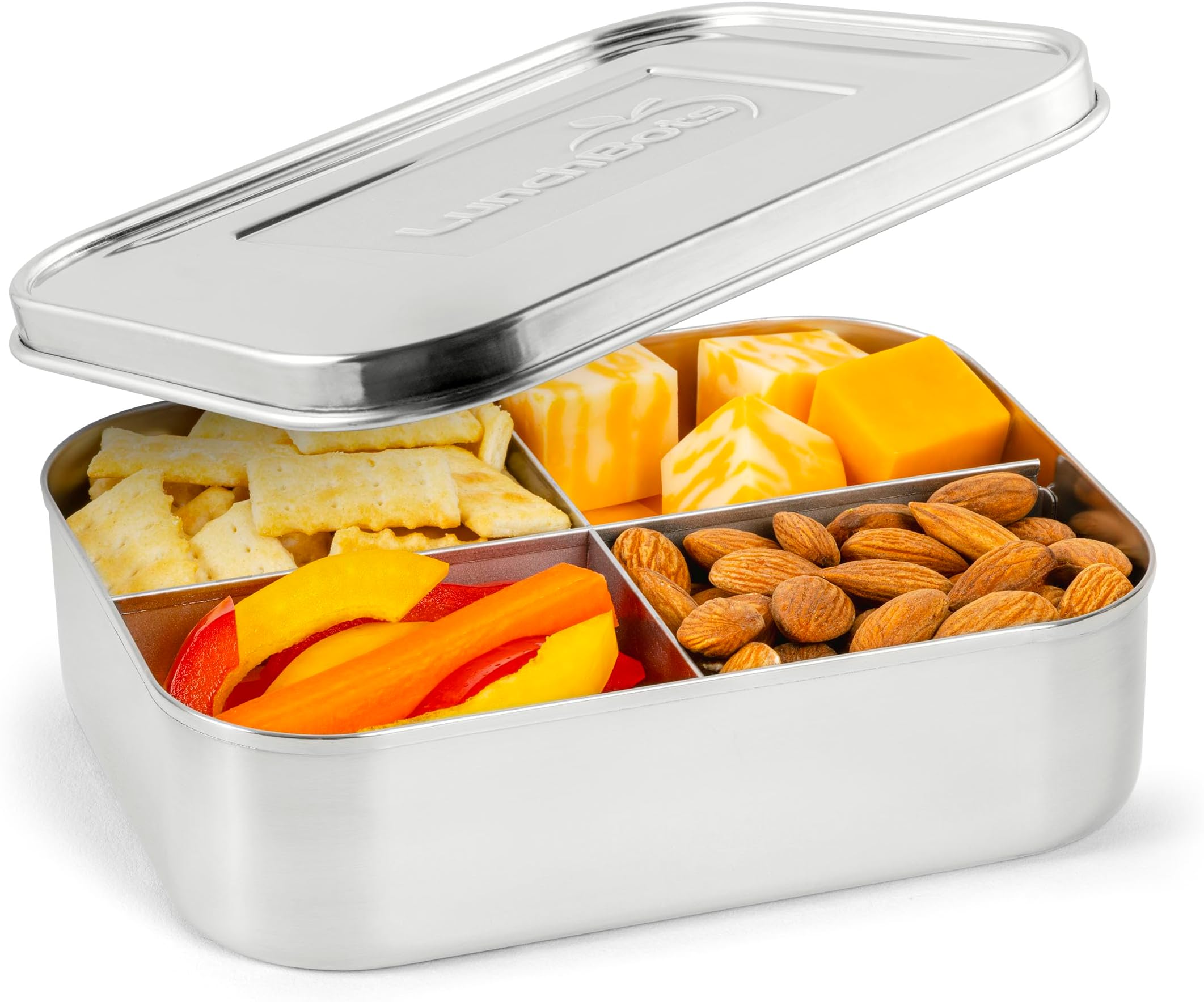 Medium Quad Snack Container - Divided Stainless Steel Food Container - Four Sections for Finger Foods On the Go - Eco-Friendly, Dishwasher Safe - Stainless Lid - Stainless Steel