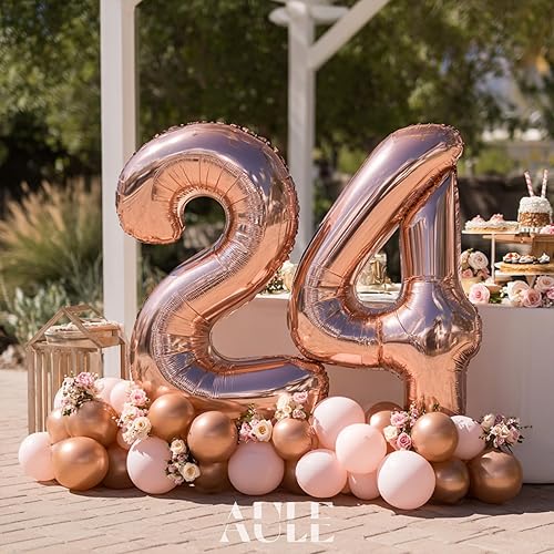 Miniatura 2 de AULE Globos grandes de 40 pulgadas con el número 24 de color oro rosa, globos gigantes de helio para fiesta de cumpleaños 24 para mujeres, enormes