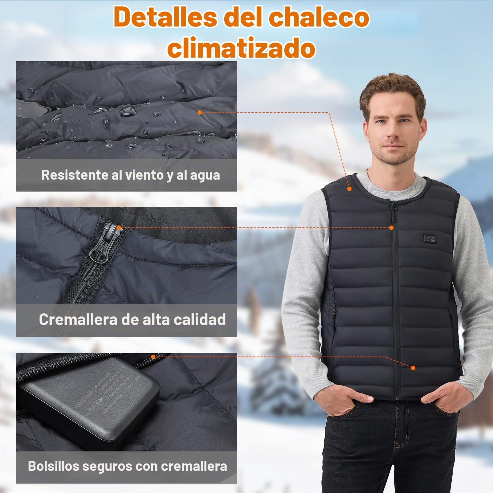 Chaleco calefactable para mujer y hombre, con batería USB, 5 V, 10000 mAh, chaqueta térmica de invierno para actividades al aire libre, senderismo