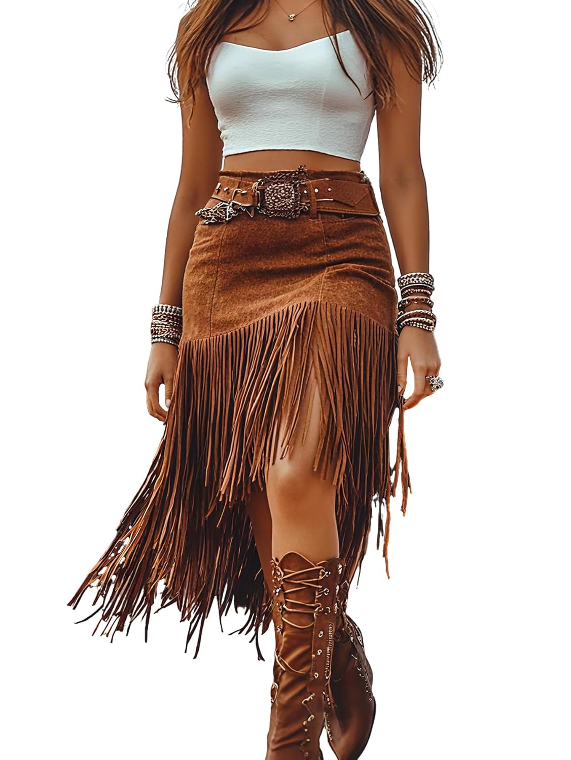 Asymmetrical Fringe High Waisted Western Skirt Boho Mini Bodycon Trim Skirt for Women Cowgirl