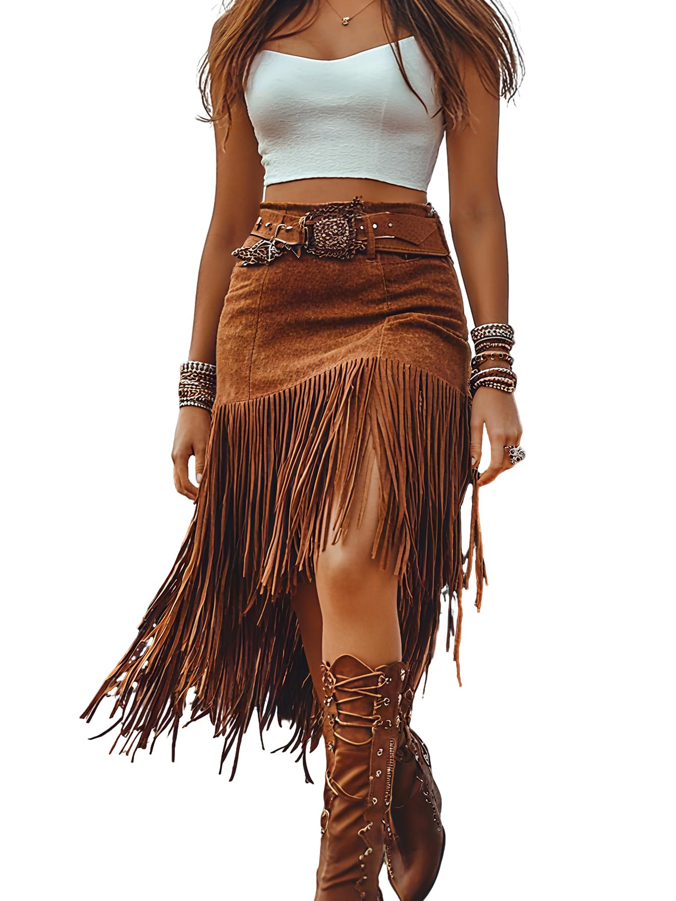 Asymmetrical Fringe High Waisted Western Skirt Boho Mini Bodycon Trim Skirt for Women Cowgirl
