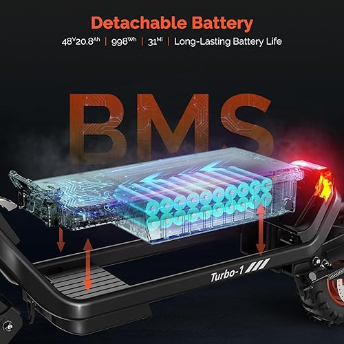 Miniatura 3 de Atomi Scooter eléctrico Turbo-1 con aplicación inteligente - Motor dual de 2400 W de hasta 31 MPH y 31.1 mi, batería extraíble de 20 AH, largo