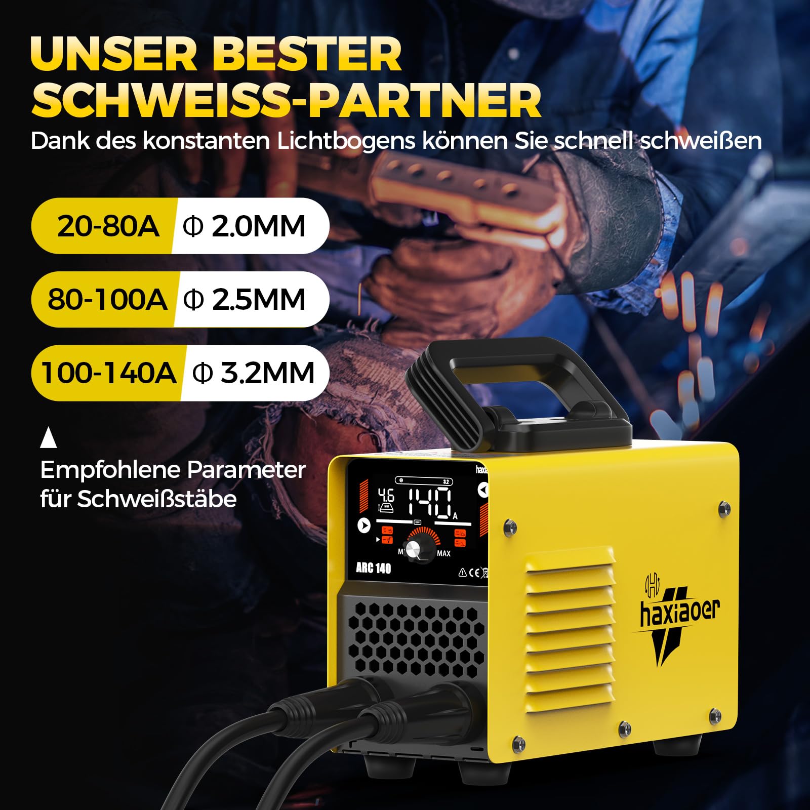 haxiaoer ARC140 Elektroden Schweißgerät – 140 A 230V IGBT DC Inverter Schweißgerät mit Lift TIG, LED-Anzeige, Anti-Stick, Hot Start, ARC Force, 10 Rods