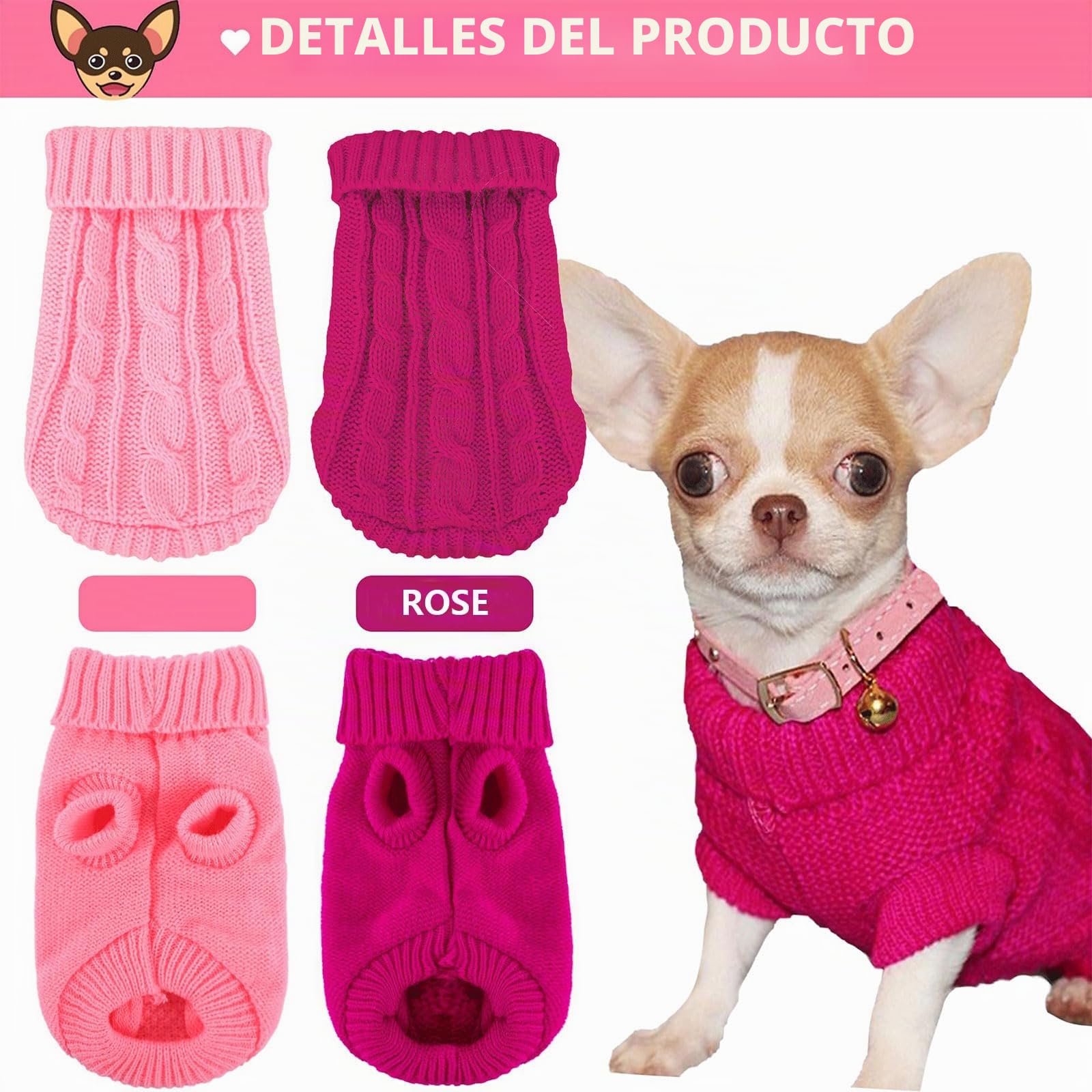 Suéter XXS para perro, 2 piezas, suéter de chihuahua, ropa para perros pequeños, ropa de invierno para cachorros, ropa de invierno para cachorros, talla XXS rosa
