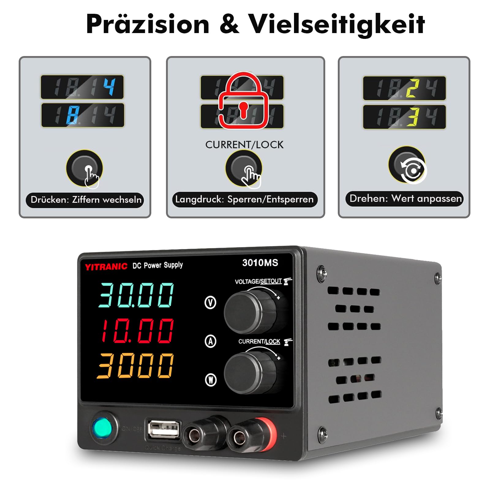 Labornetzteil 0-30V 0-10A Regelbar DC Netzteil mit 4-stelliger LED-Anzeige
