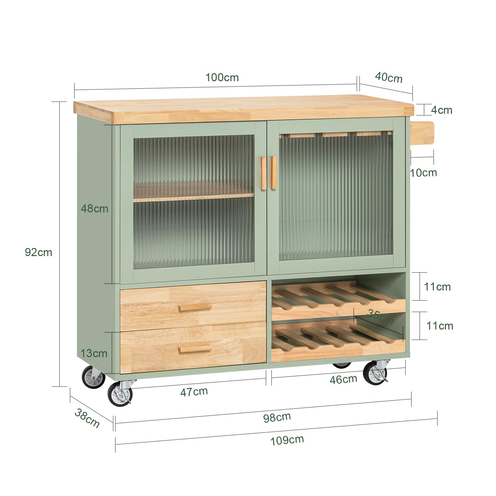 SoBuy Carrito de Cocina con Ruedas y Puertas de Cristal, 109x92x40 cm | Isla de Cocina con encimera, 2 cajones, botellero 10 bot./8 copas, carga de 90 kg, MDP/PB, para cocina, FKW114-GR