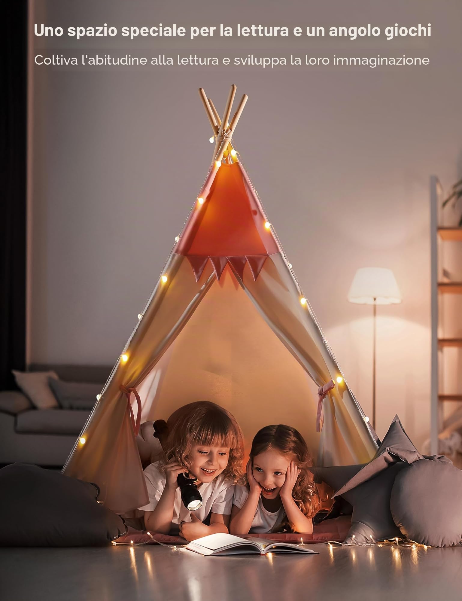 besrey Tenda per Bambini da Gioco in Tela Indiana Teepee in Cotone con Tappetino Imbottito e Luci Fatate (Rosa e bianco)