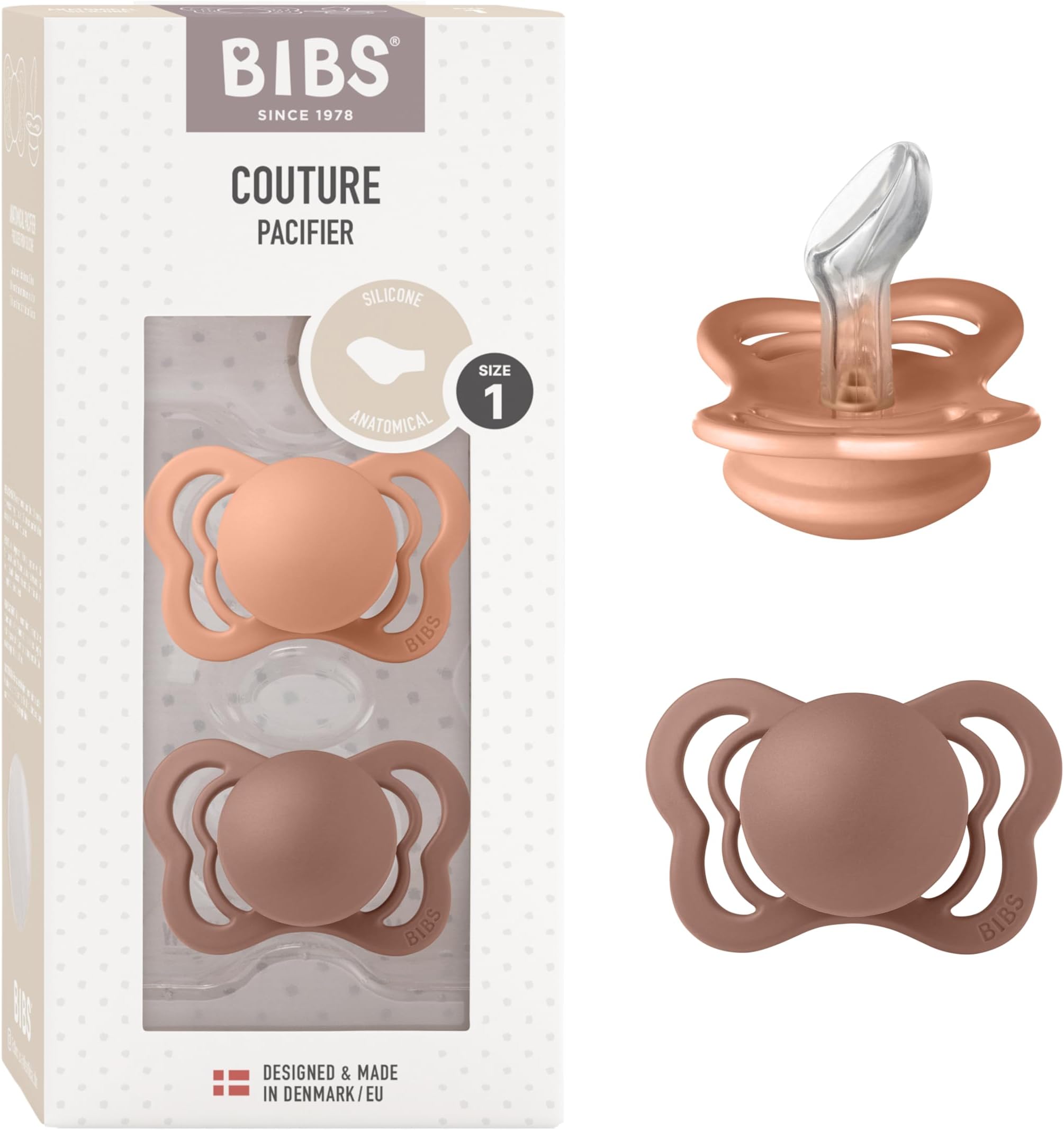 BIBS Couture Baby Pacifier 2-Pack | Made in Denmark | BPA Free Dummy Soother, Anatomical Nipple. Silicone, Size 1 (0-6 Months), Peach/Woodchuck