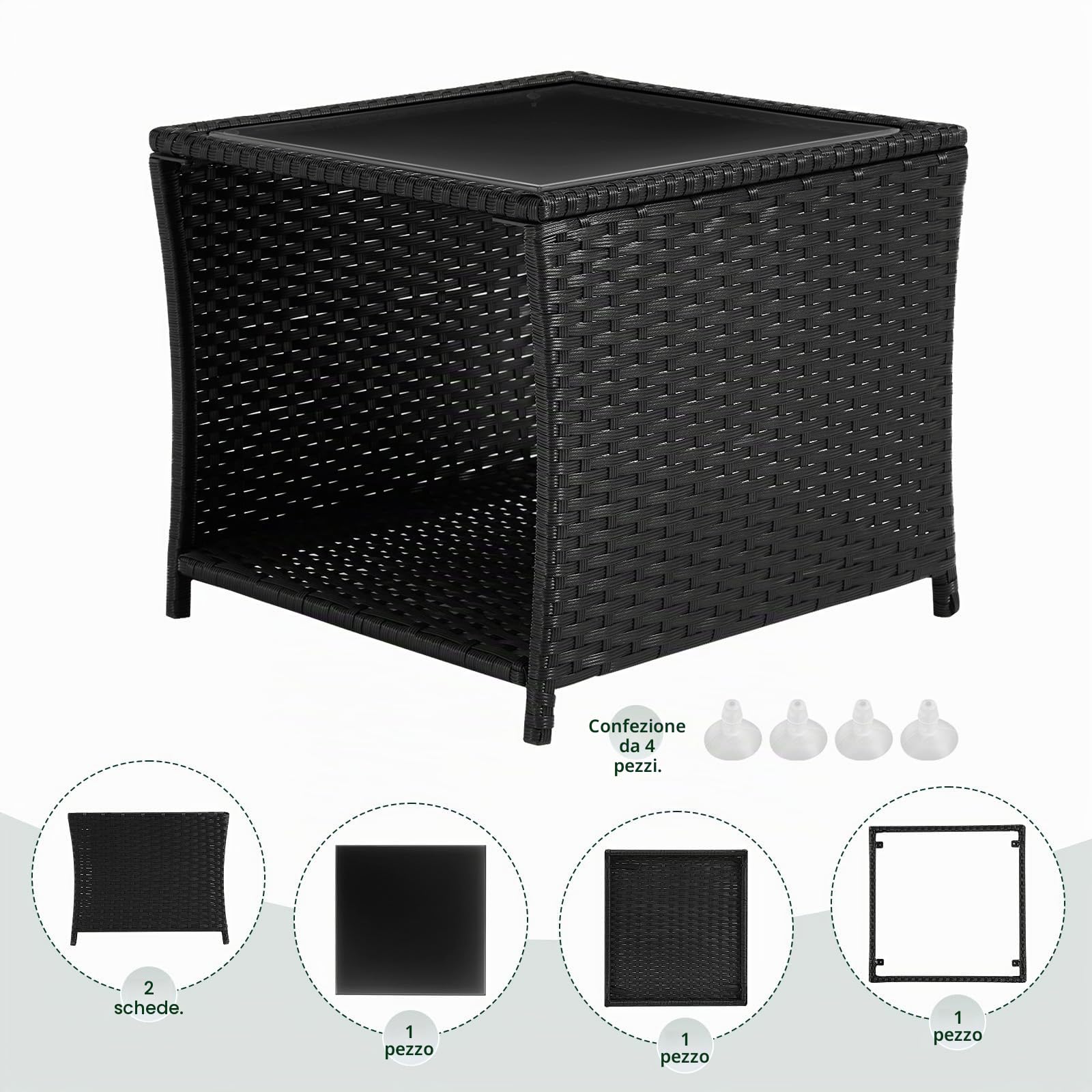 WOLTU Tavolo da Giardino in Polyrattan, 45x40x45cm, Nero | Tavolino con Piano in Vetro a Vano Aperto, Tavolo da Esterno Resistente alle Intemperie, Salotto da Giardino Esterno