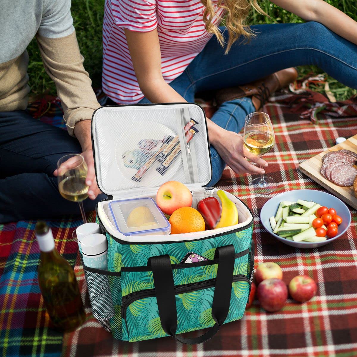 Bolsa de picnic de 15 L, 24 latas, bolsa de almuerzo aislada con hoja de palma, bolsas para viajes, camping, barbacoa, actividades al aire libre, asas, correa para el hombro