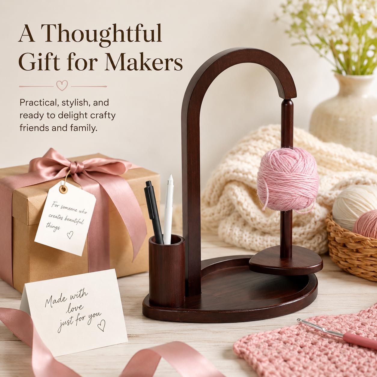 Wooden Yarn Spool Rack with Magnetic Yarn Ball Spinner – Knitting & Crochet Yarn Holder