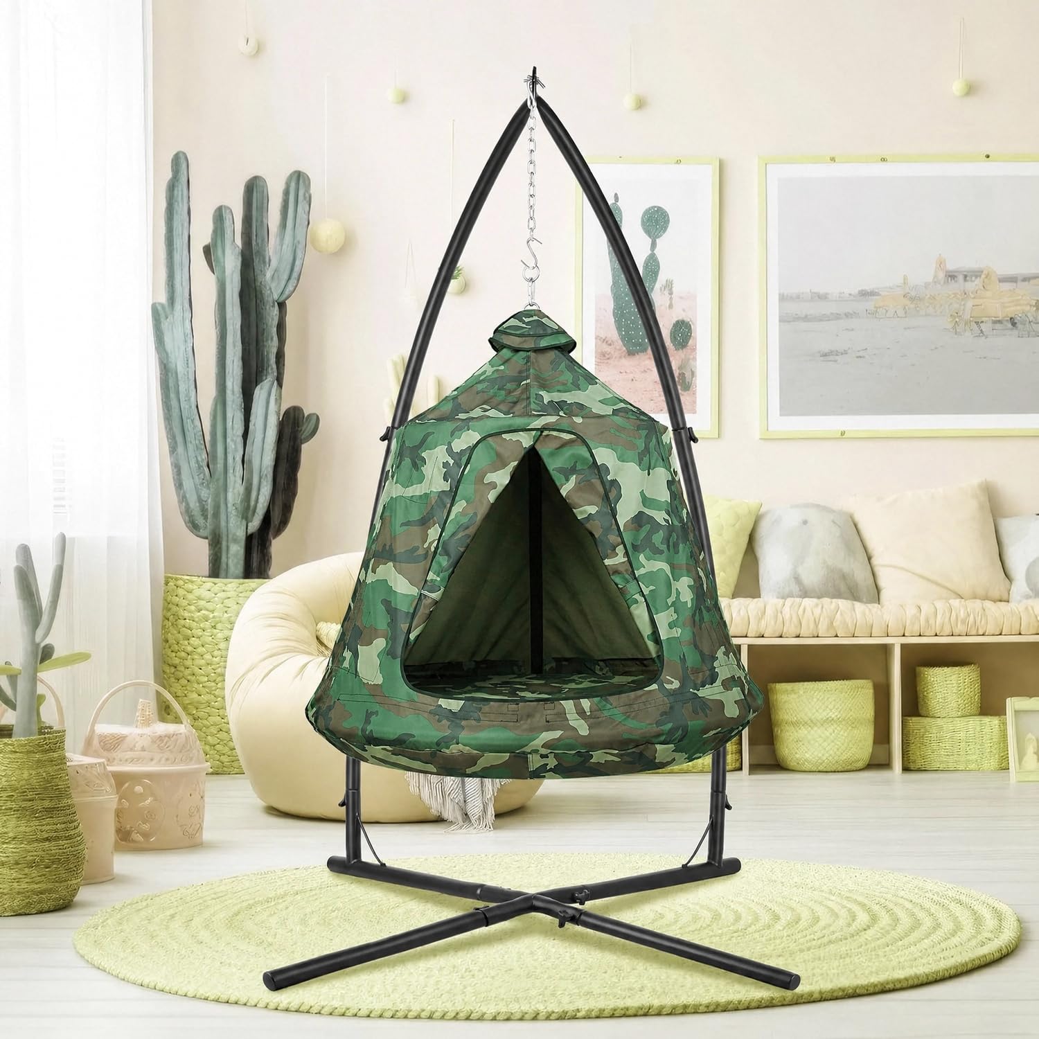 Arlopu Hanging Hammock X-Stand w/Tree Tent, Swing Chair Stand w/Play Tent