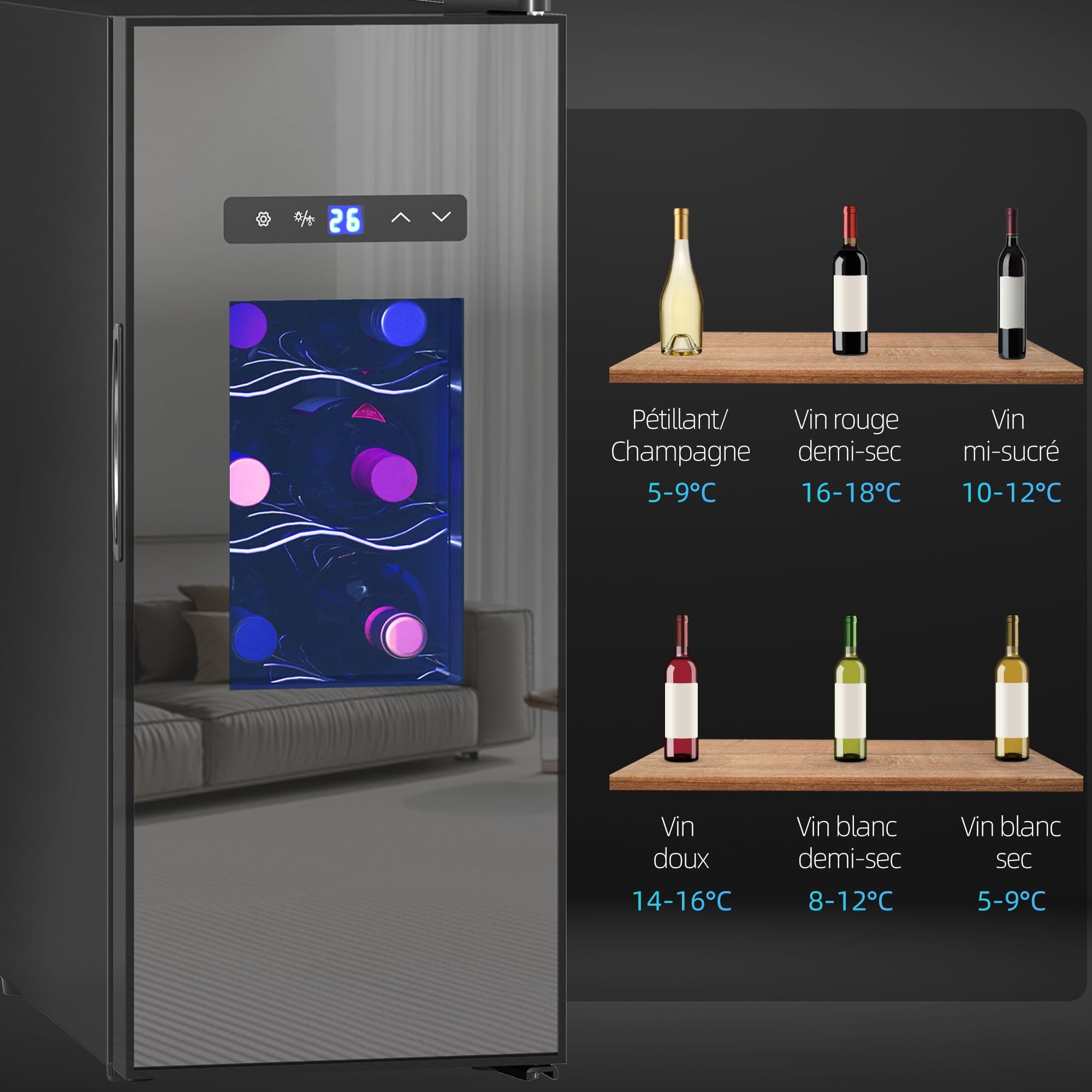 HOMCOM Cave à vin 12 bouteilles 30L réfrigérateur thermoélectrique silencieux porte en verre éclairage LED écran tactile numérique contrôle température 8-18°C noir