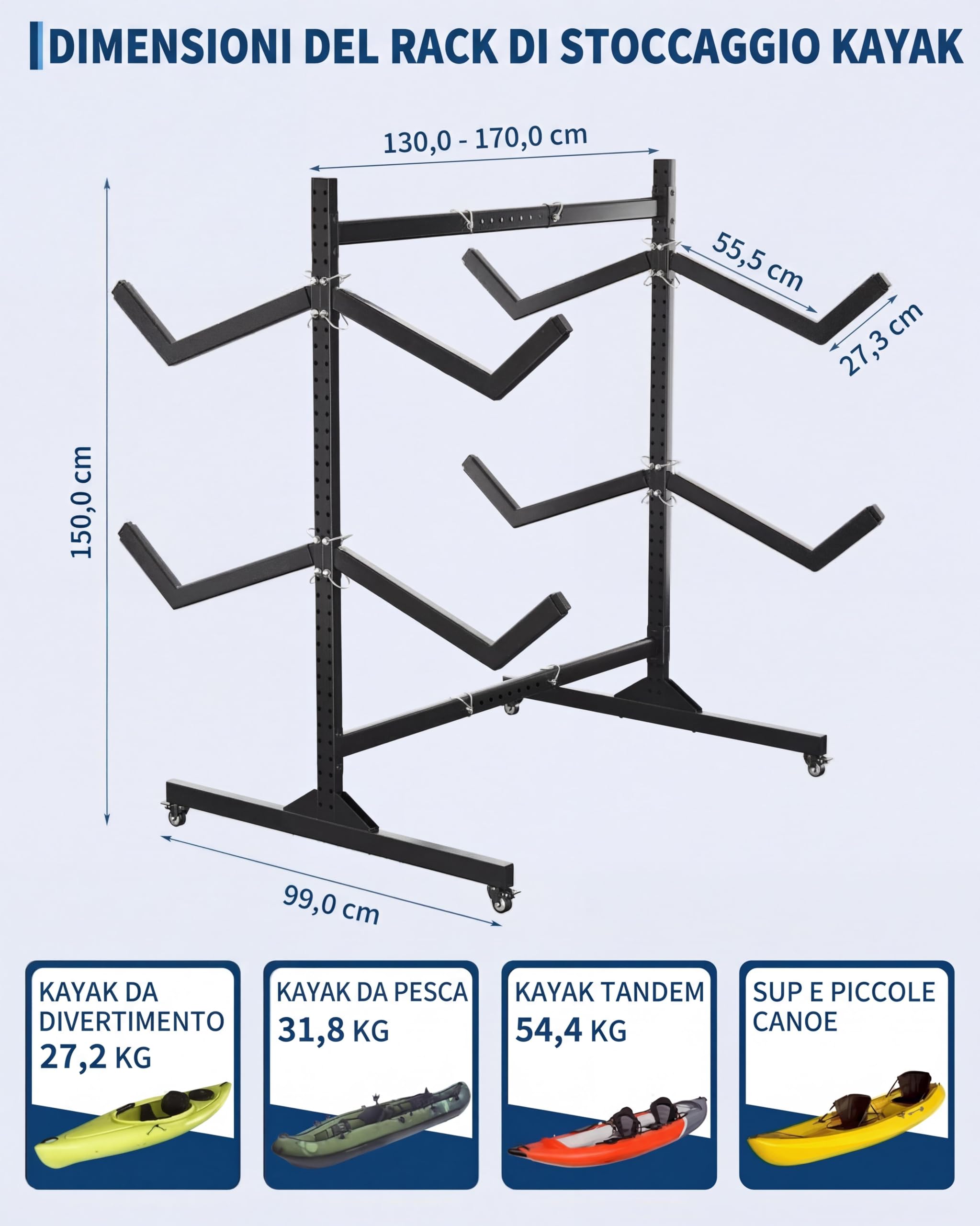 Garvee Rastrelliera Autoportante per 4 Kayak/Canoe/SUP, Struttura Robusta Regolabile con Ruote Bloccabili, Ideale per Garage, Capanno o Molo, Resistente alle Intemperie, Uso Interno ed Esterno