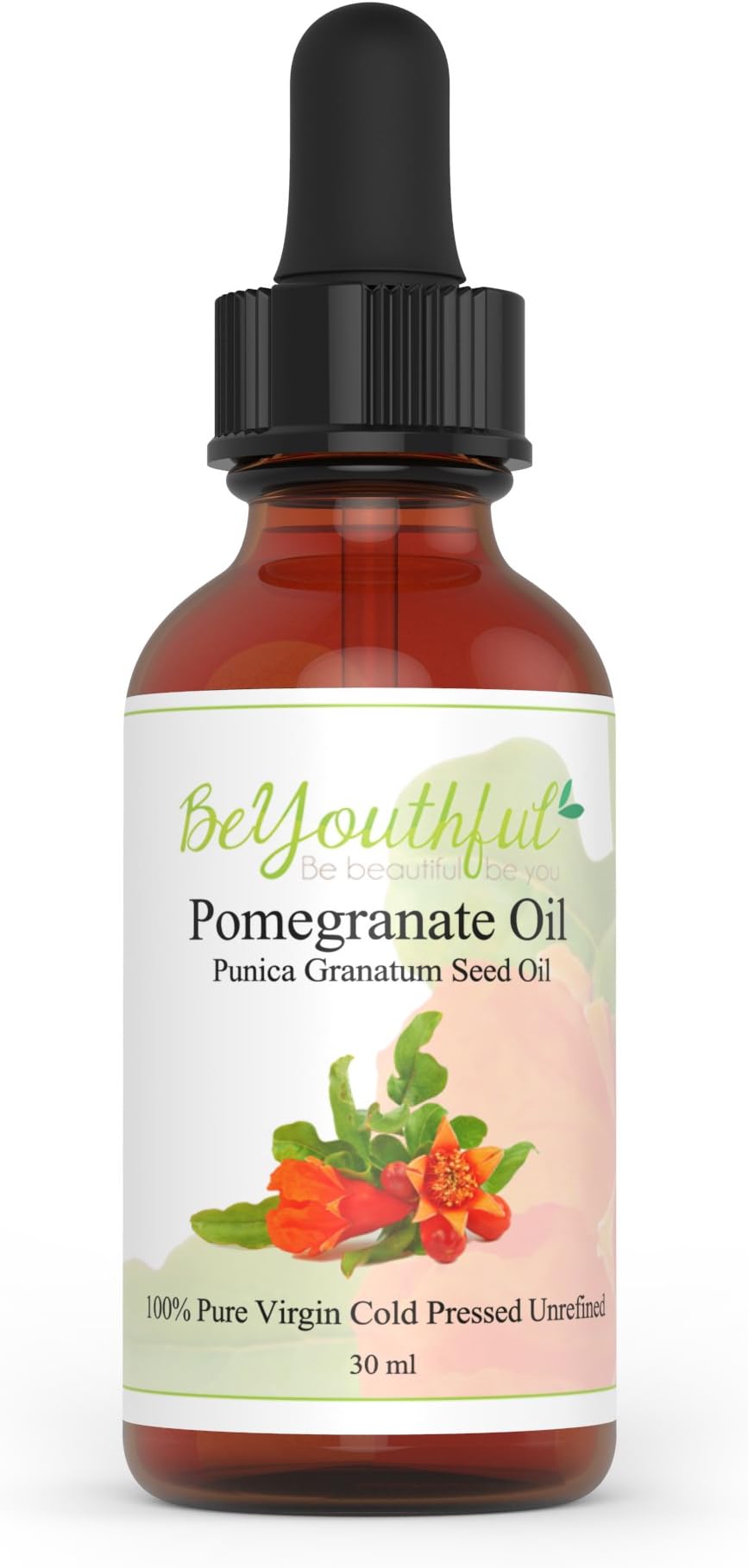 BeYouthful Pomegranate Seed Oil 100% Cold Pressed Oil For Hair, Face, Skin, Lips And Nails. Comes In Amber Glass Dropper Top Bottle For Easy Use.