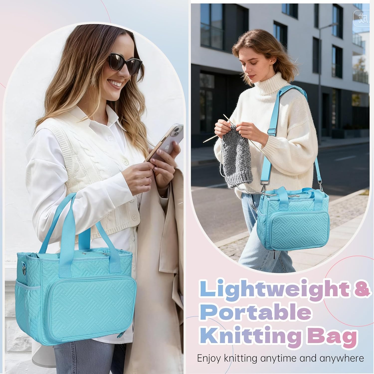 Dadanism Crochet Bag, Knitting Tote Bag, Yarn Storage Holder with Handle & Shoulder Strap, Yarn Storage Organizer for Crocheting Knitter, Crochet Hooks, Knitting Needles Kit, Sewing Supplies, Blue